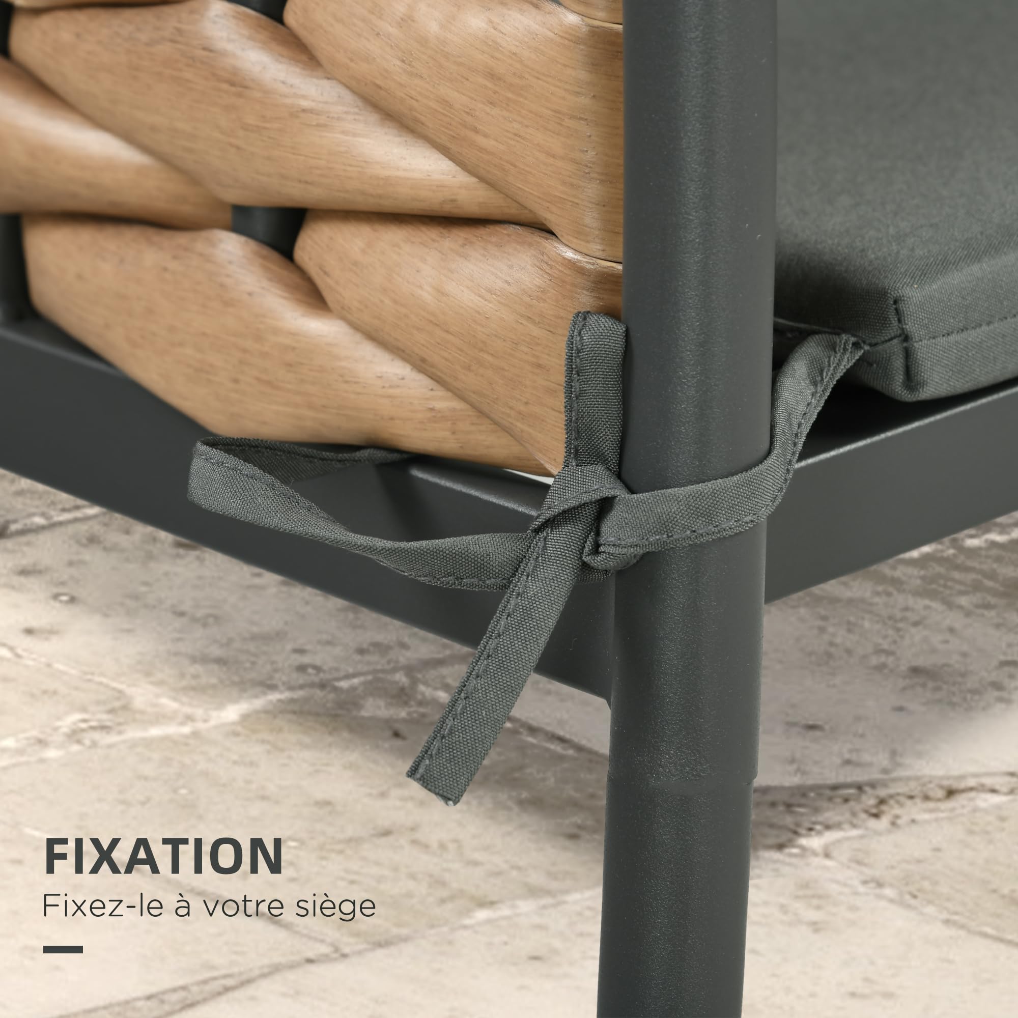 Outsunny Lot de 6 Coussins de Chaise Jardin Capitonné 42x42cm Gris Foncé | Coussins Extérieur, Grand Confort, avec Attaches, Galette Chaise Exterieur