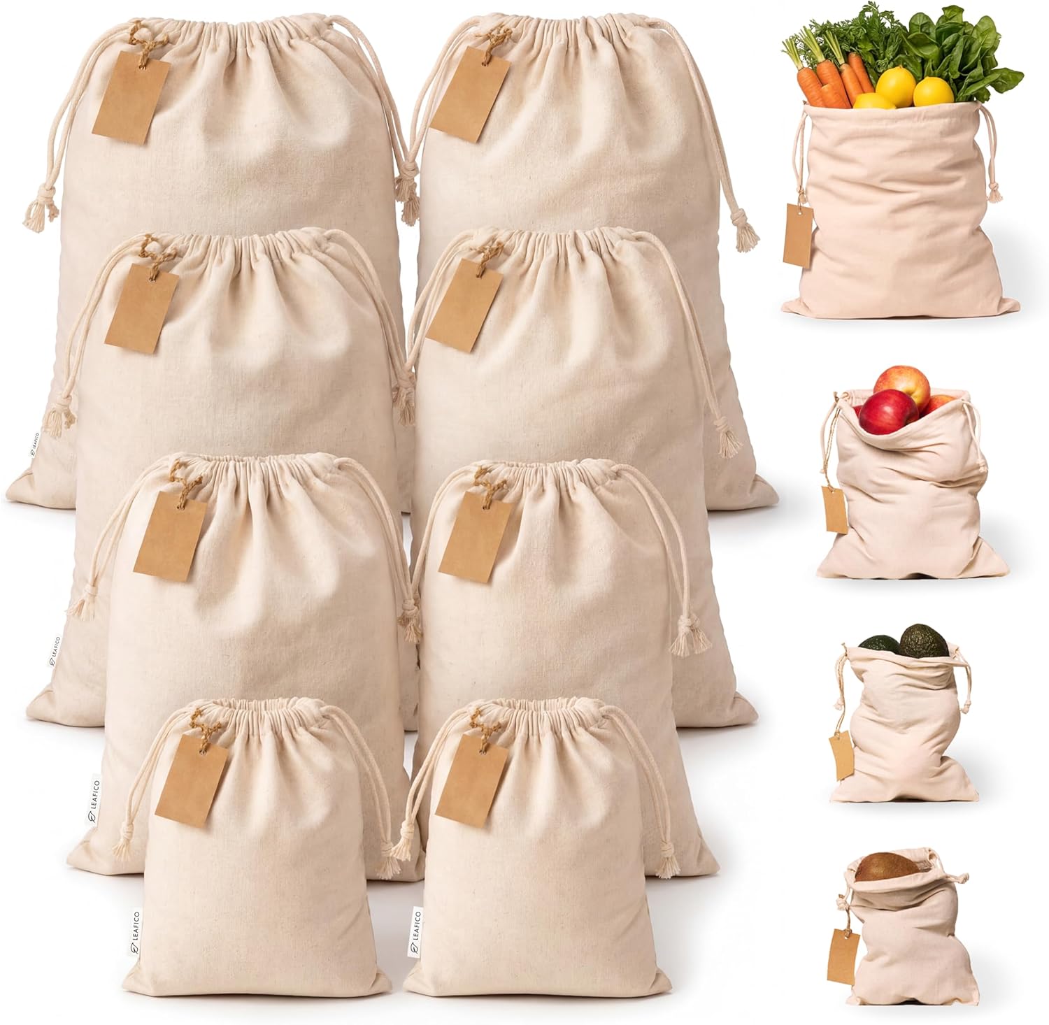 LEAFICO Muslin Cloth Bags with Drawstrings - Set of 8 (S, M, L, XL) - Reusable Natural Cotton Bags for Bulk Food Storage - Canvas Fabric Sachets