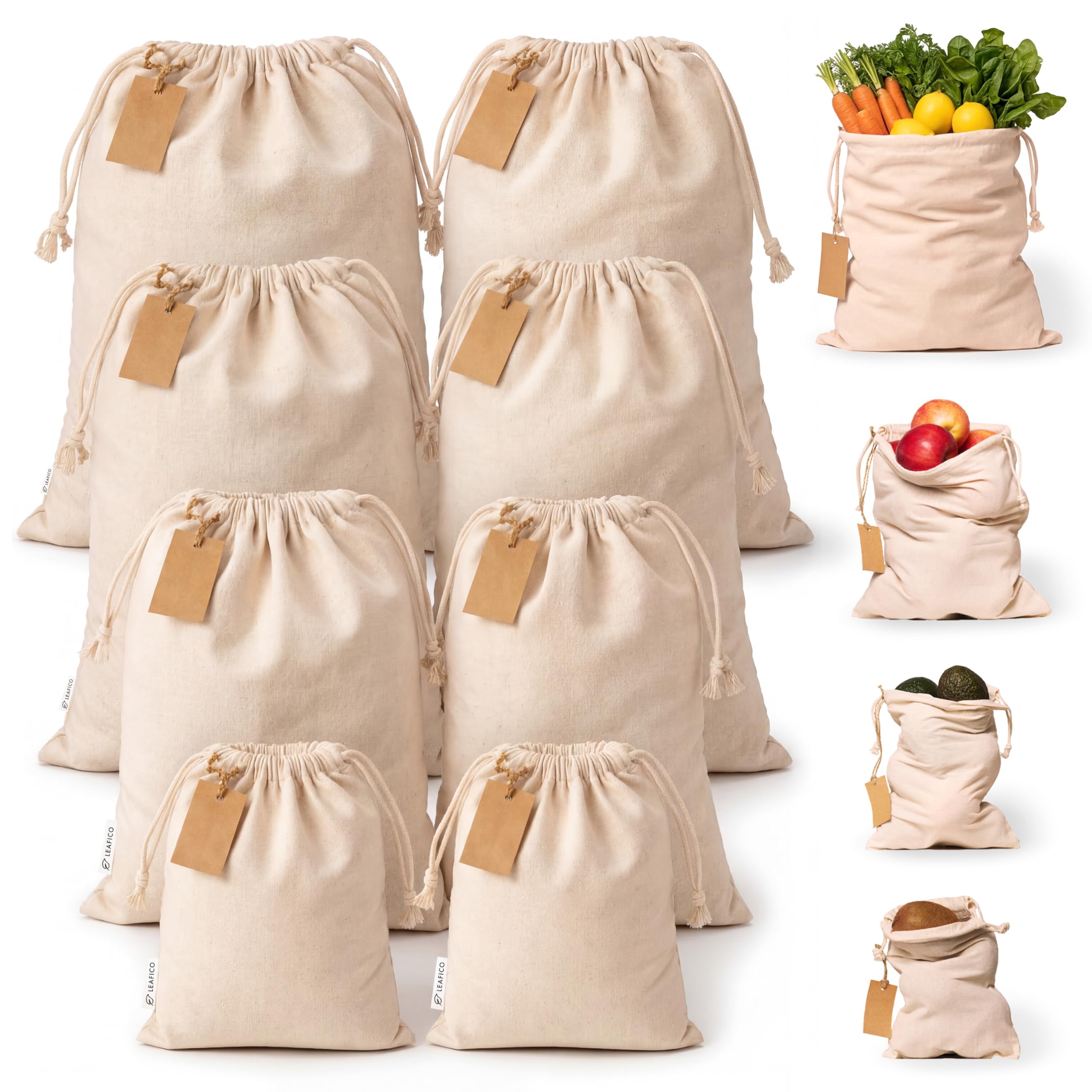 Leafico Muslin Cloth Bags with Drawstrings - Set of 8 (S, M, L, XL) - Reusable Natural Cotton Bags for Bulk Food Storage - Canvas Fabric Sachets โ image 1