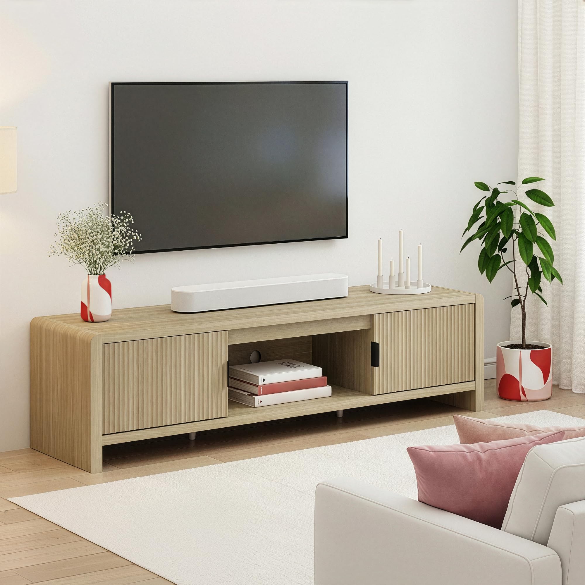 [en.casa] Mobile TV con 2 Ante e Vano Centrale Aperto Tavolino Porta TV con Foro Passacavi Stand Multimediale per Soggiorno Salotto 150x40x40 cm Effetto Rovere