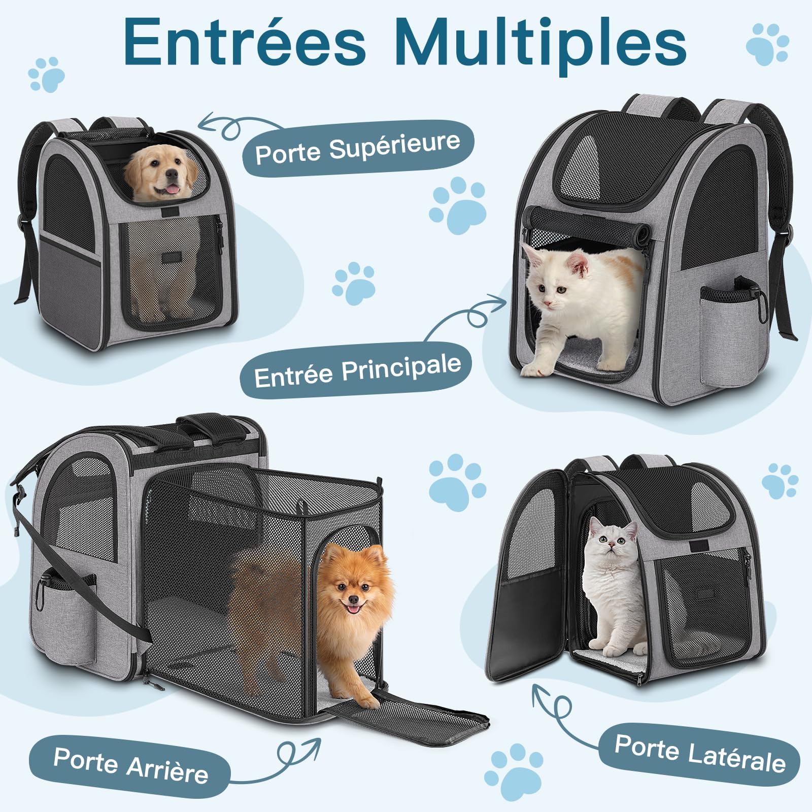 Sac à Dos Chat Chien, Extensible Charge Maximale 10kg Sac Transport Chat Chien, Sac a Dos pour Chien Chat avec Fenêtre en Maille, Spacieux Sac Voyage Chat Chien Laisse et Tapis Intégrés - Gris