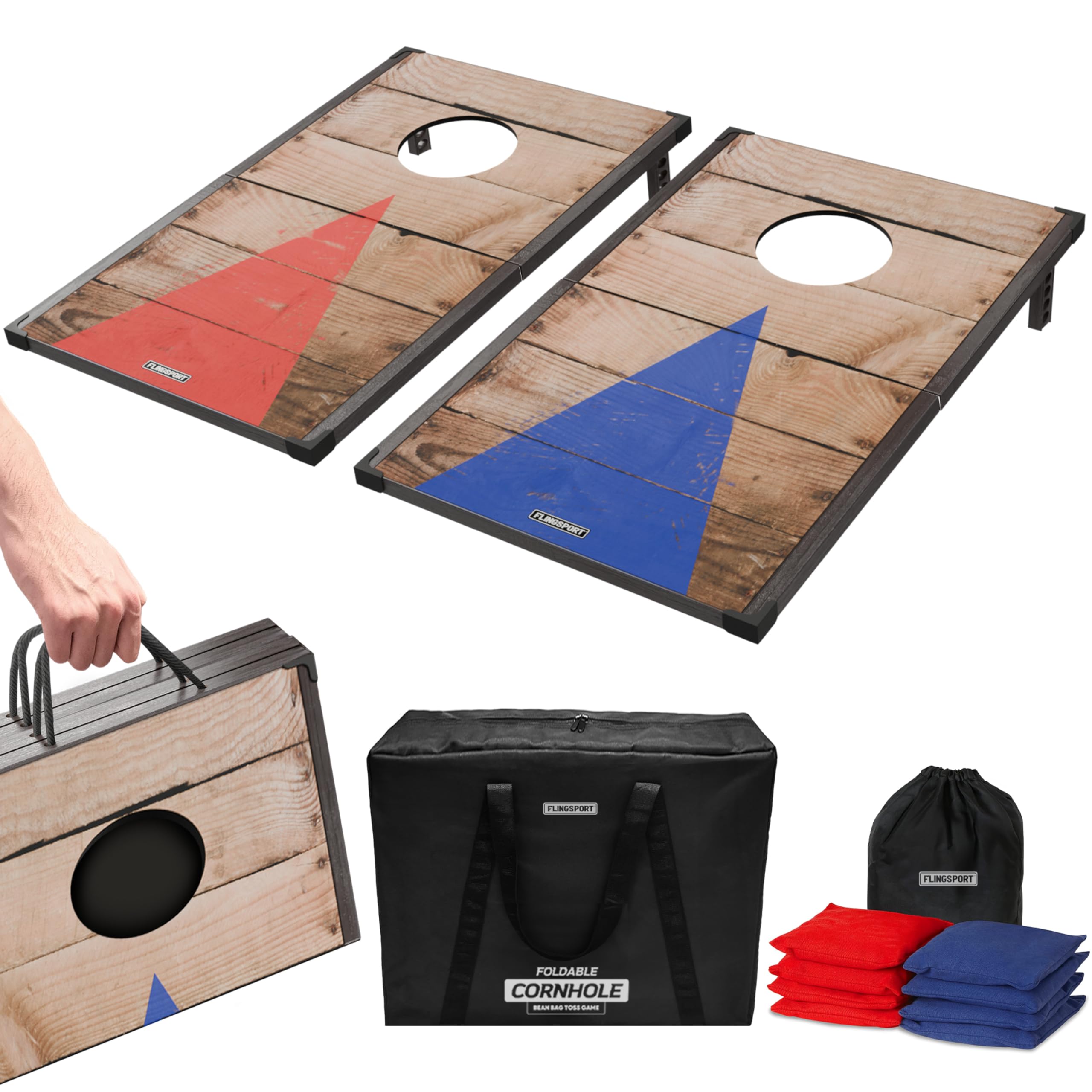 Foldable Travel Size Cornhole Board Set 24"x15", Wooden MDF Portable Corn Hole Sets Incl. 2 Boards 8 Bean Bags Canvas Material, & Case, Perfect for Indoor & Outdoor Lawn Games, Gifts for Adults & Kids