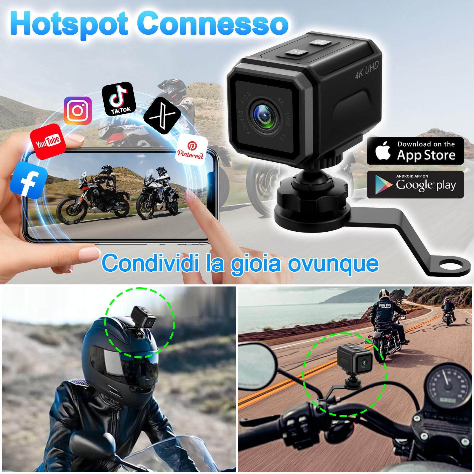 Telecamera Moto 4K WiFi Grandangolo 140° 8h, Action Cam per Sport | 8h batteria, 4K HDR stabilizzato, 256GB SD, fissaggi per casco/moto/sci