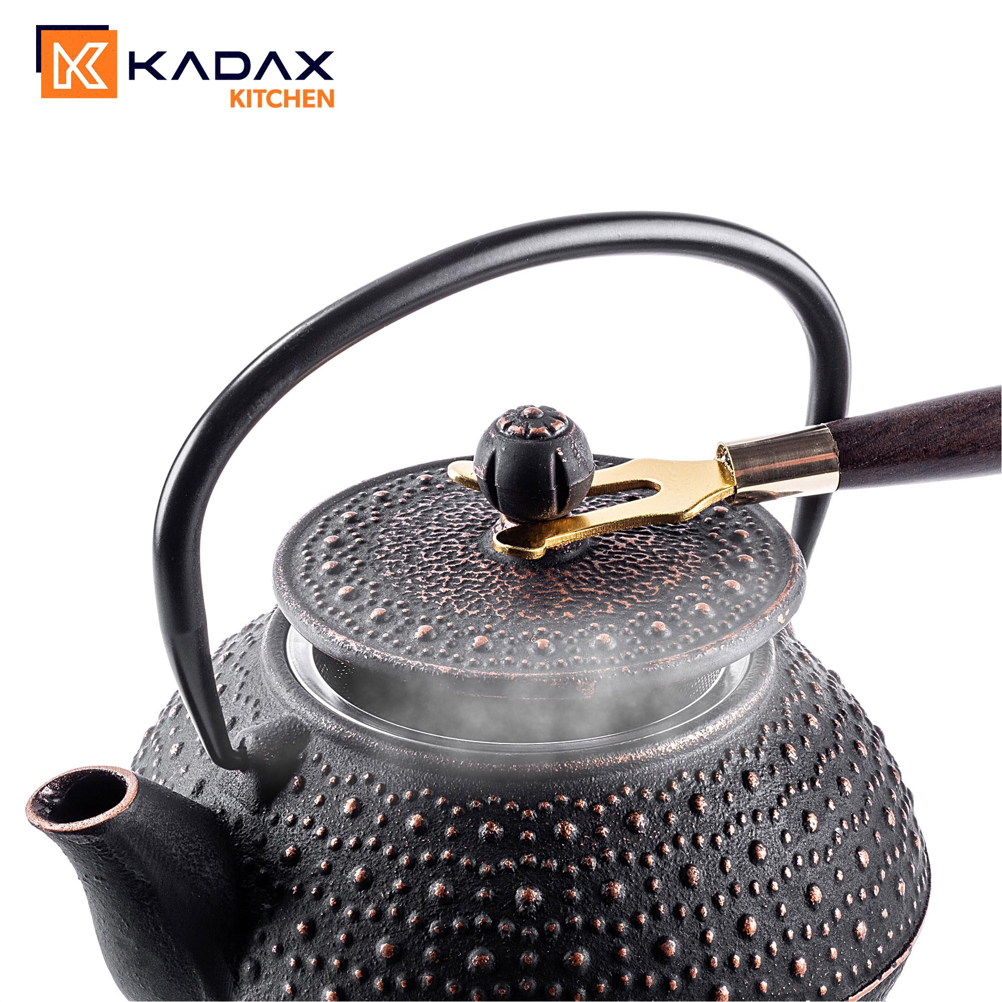 KADAX Théière Japonaise en Fonte de 850ml avec Intérieur Émaillé, Quatre Tasses et Infuseur pour Thé en Vrac, Service à Thé Traditionnel (Noir)