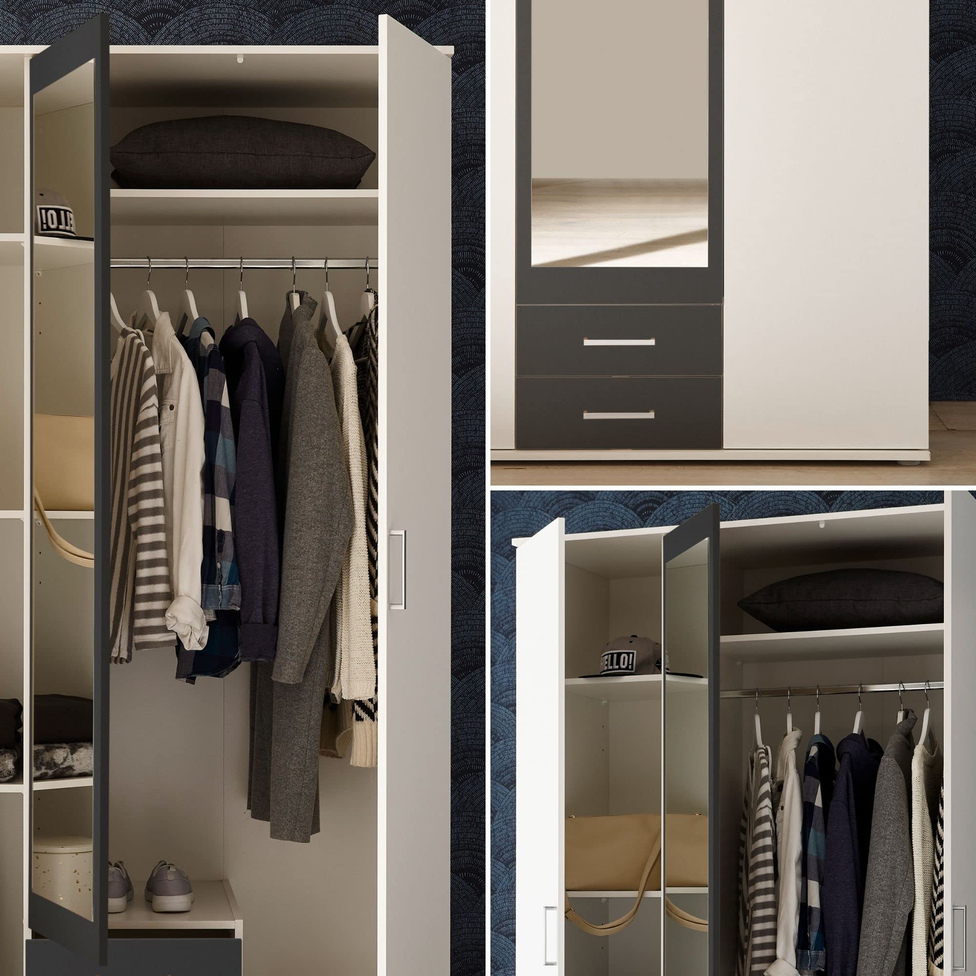 HANAU Kleiderschrank Schrank mit Spiegel Weiß Graphit 120 x 196 x 54 cm | Drehtürenschrank 3-türig mit Schubkästen für das Schlafzimmer, zweifarbiges Design, Stauraum für Kleidung