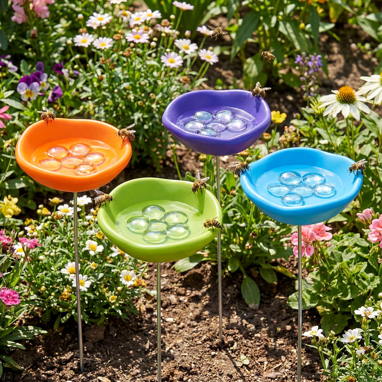 4 Pack Resin Flower Water Stations Cups Garden Stakes, Rainbow, Cute