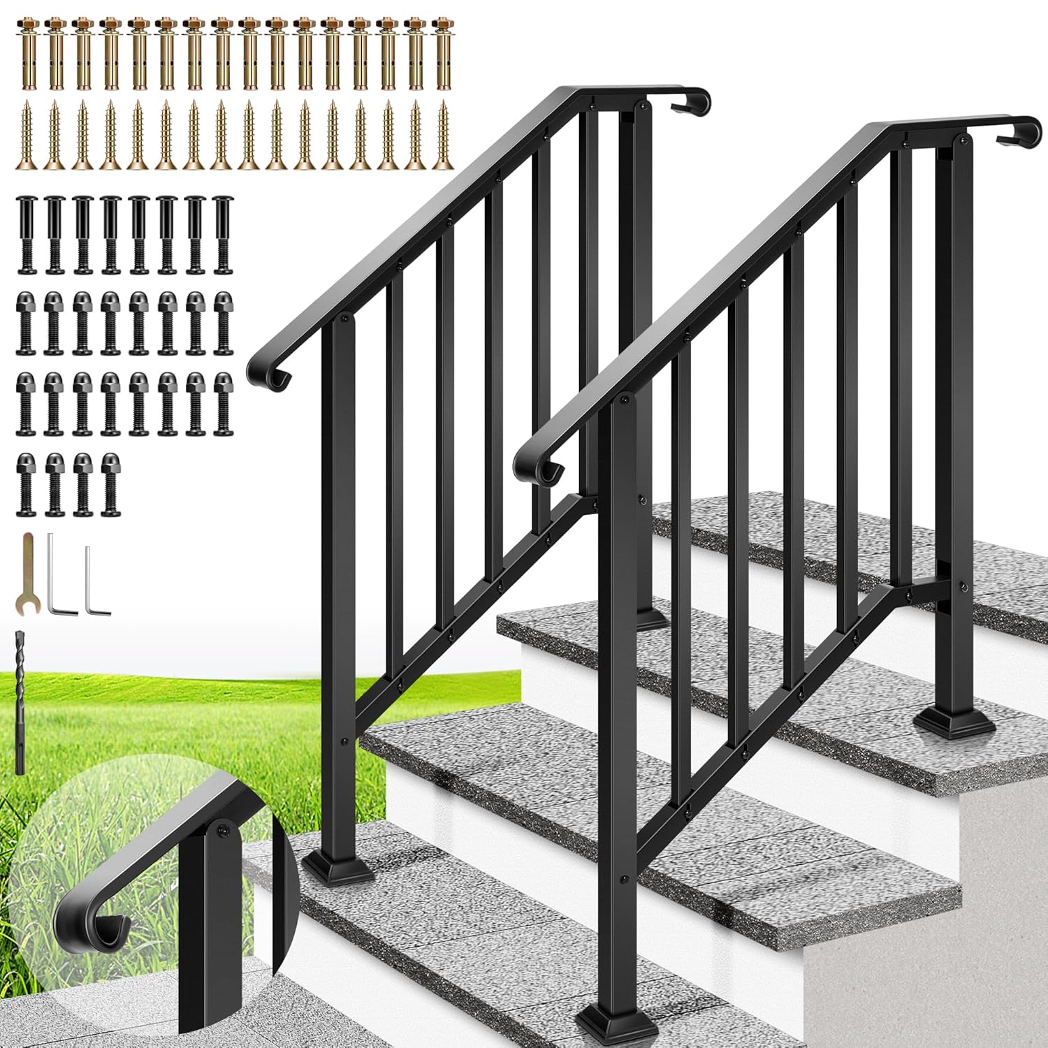 VIVOHOME 2-Pack 3-Step Galvanized Steel Handrails for Outdoor/Indoor Stairs - Rust-Resistant, Easy DIY Install, Safety Balusters for Porch Deck
