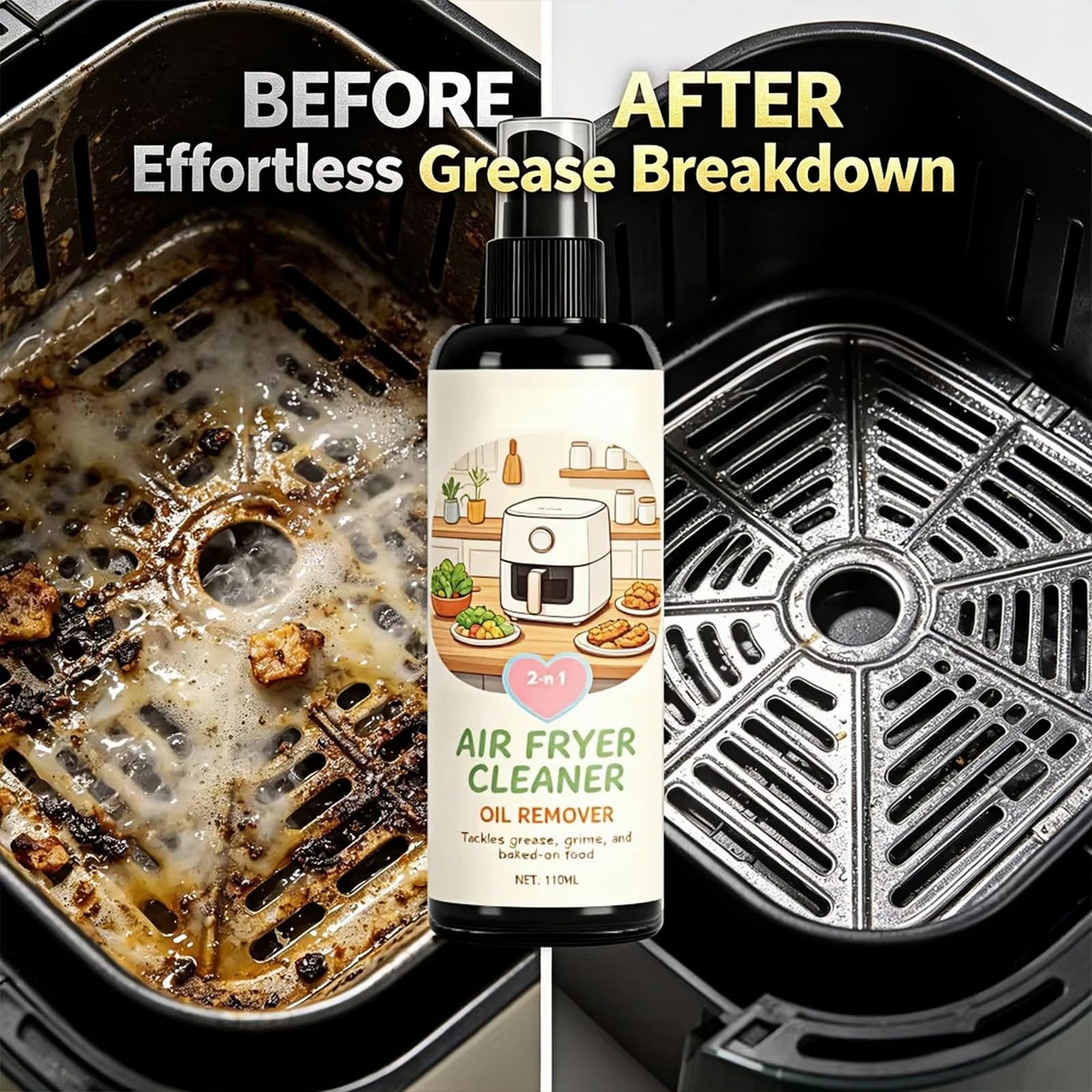 2 w 1 Airfryer i spray odtłuszczający, bezpieczny do powłok zapobiegających przywieraniu, spirali grzewczej i strefy grzewczej, wydajny spray do usuwania tłuszczu do grilla, usuwa spalony tłuszcz i (6