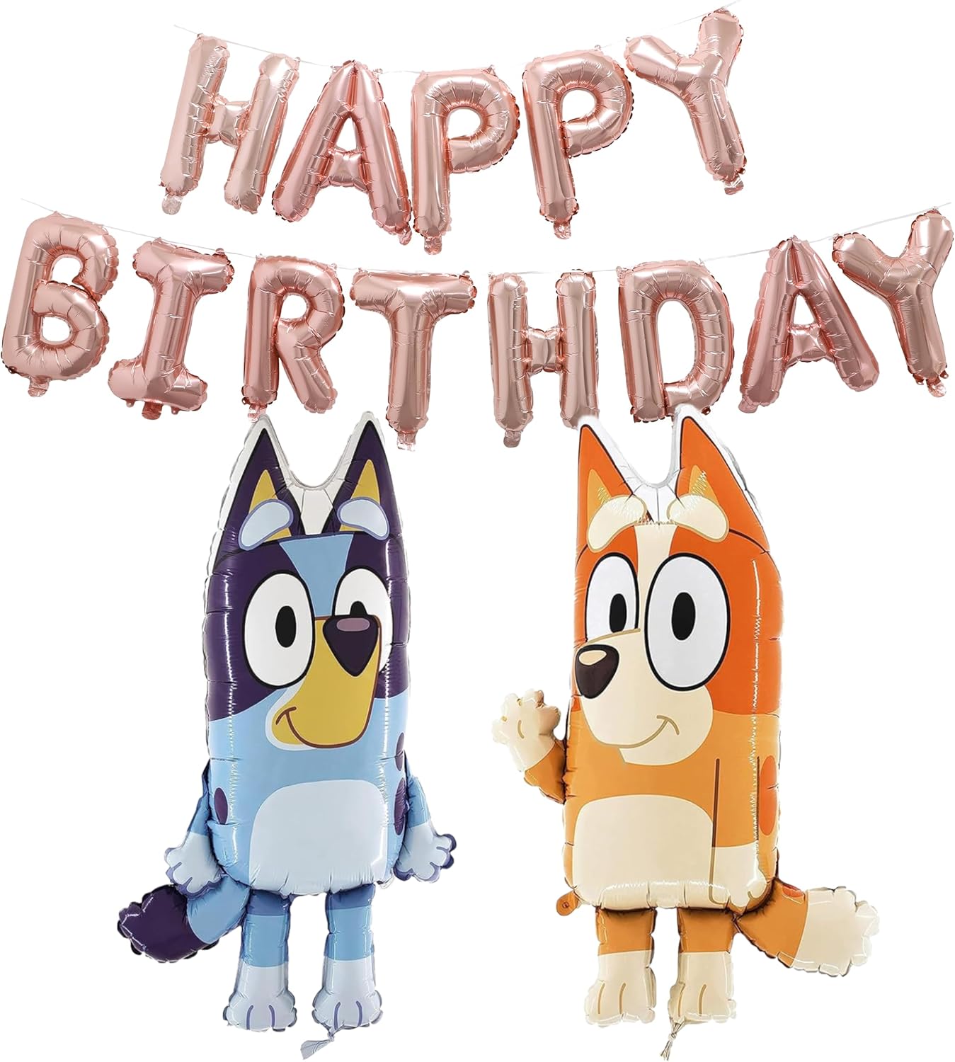 Toyland® Bluey & Bingo Balloon Pack - 2 x 80cm (32") Character Balloons & 1 x 16" Rose Gold Happy Birthday Balloon Banner - Kids Party Decorations
