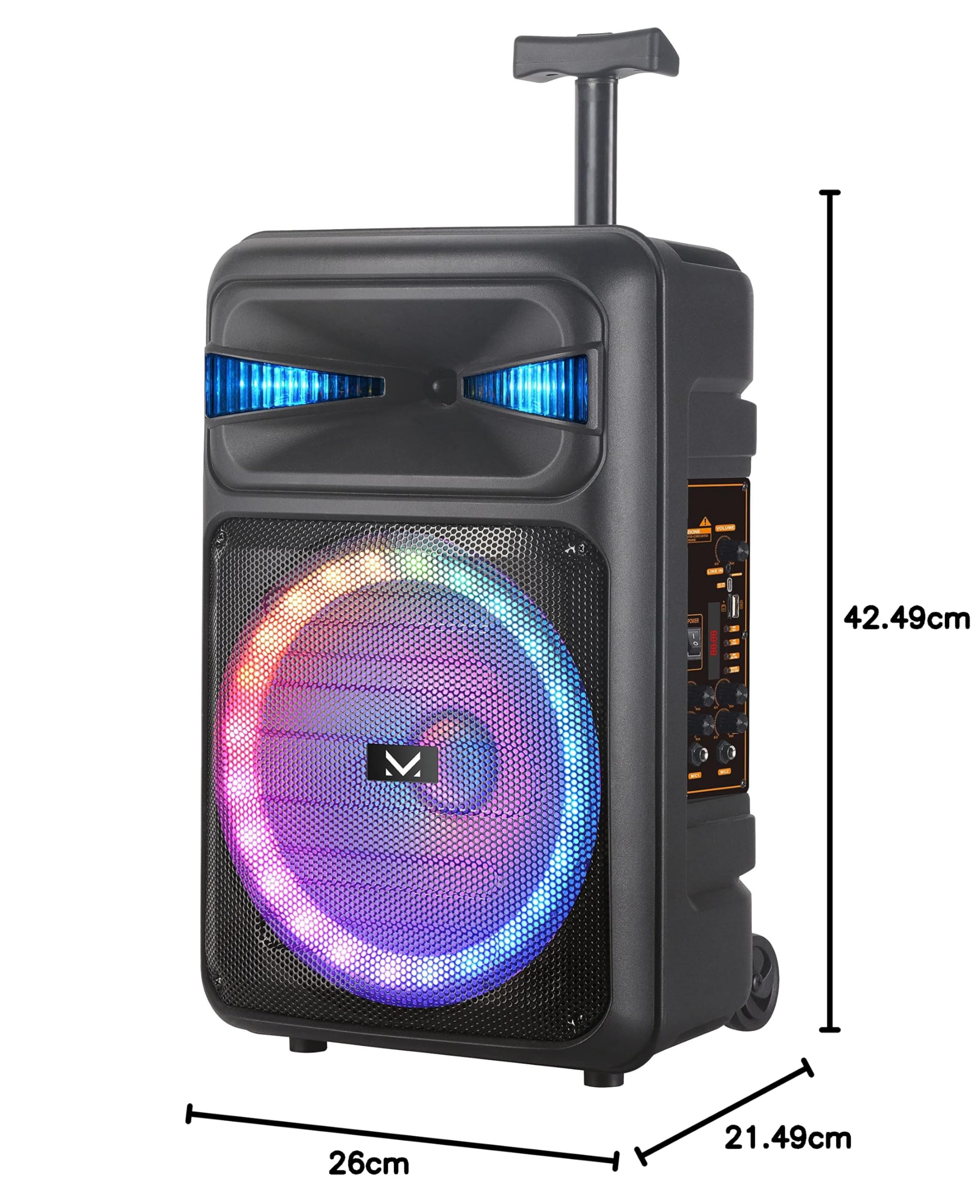 Majestic FIRE T5 – Trolley Bluetooth 5.0, Luci LED multicolore, ingressi USB/microSD/AUX-IN/MIC, Microfono, Telecomando, Batteria ricaricabile, funzione TWS, Impugnatura e ruote per il trasporto.