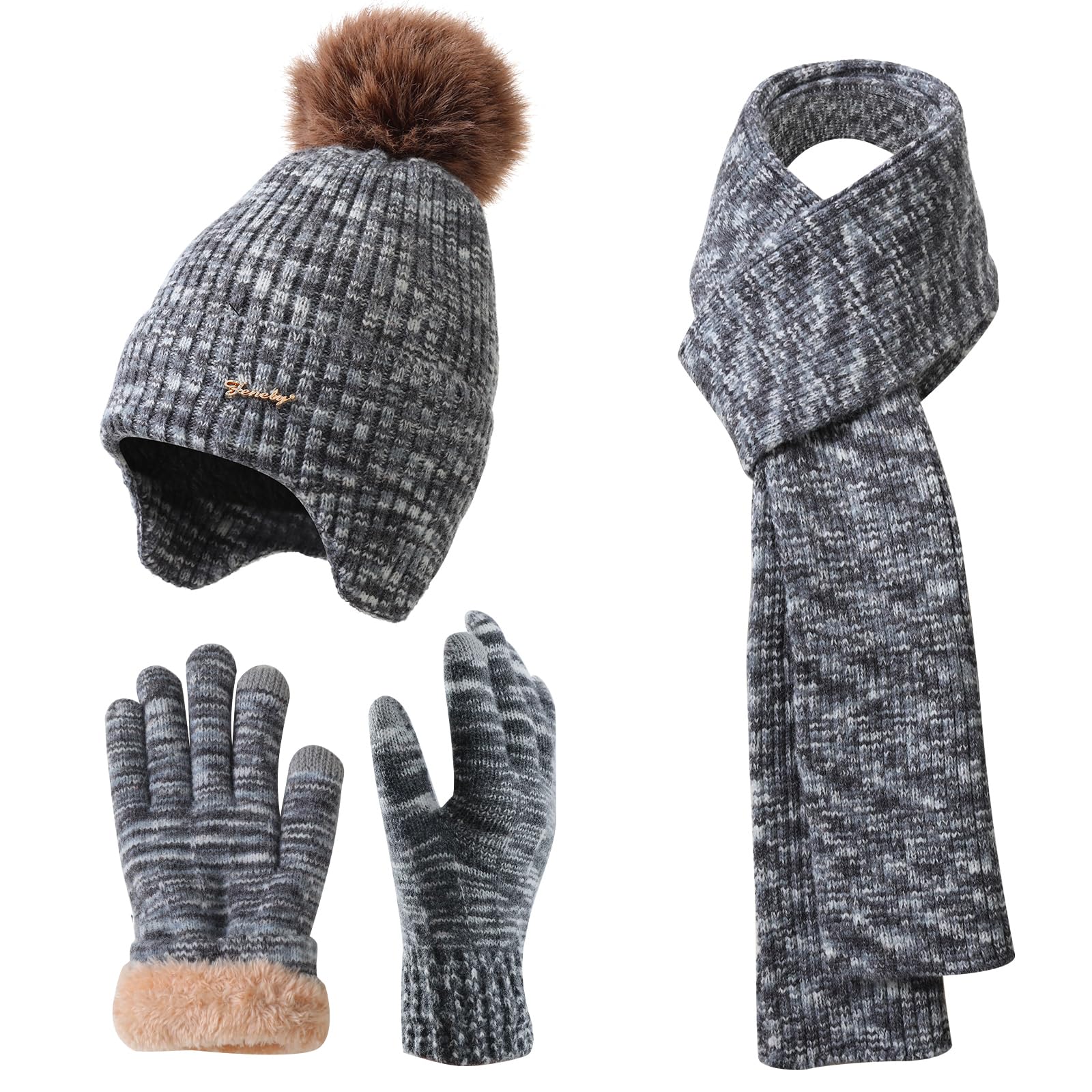Winter Beanie Mütze Schal Handschuhe Set für Frauen Klassische Beanie mit abnehmbarem Pom Pom Lange Schal Touchscreen Handschuhe 3 in 1 Set