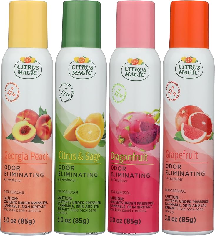 Citrus Magic Air Freshener Spray, Assorted Fragrances, 3 Ounce, Pack of 4 | Citrus-Based Odor Eliminator for Home, Up to 7 Hours of Freshness, Georgia Peach, Dragonfruit, Citrus & Sage, and Grapefruit
