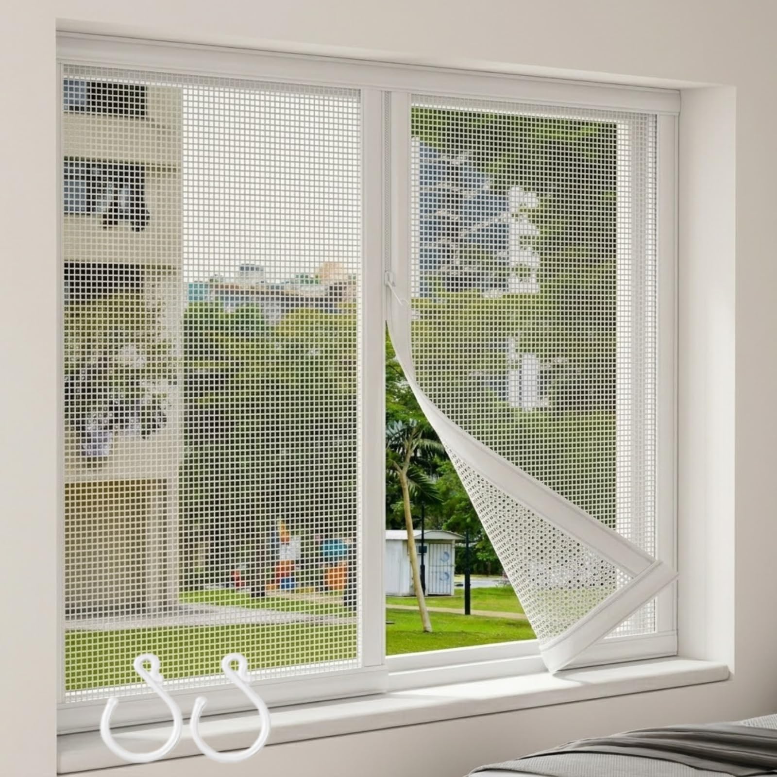 Zipper Version Fiberglass Mesh Window Screen, Mesh Curtain With Hooks Adhesive Tape, Keep Bugs Out Cat Scratch Resistant Self-Adhesive Screen For Kitchen Bedroom Temporary(White,60x100cm)