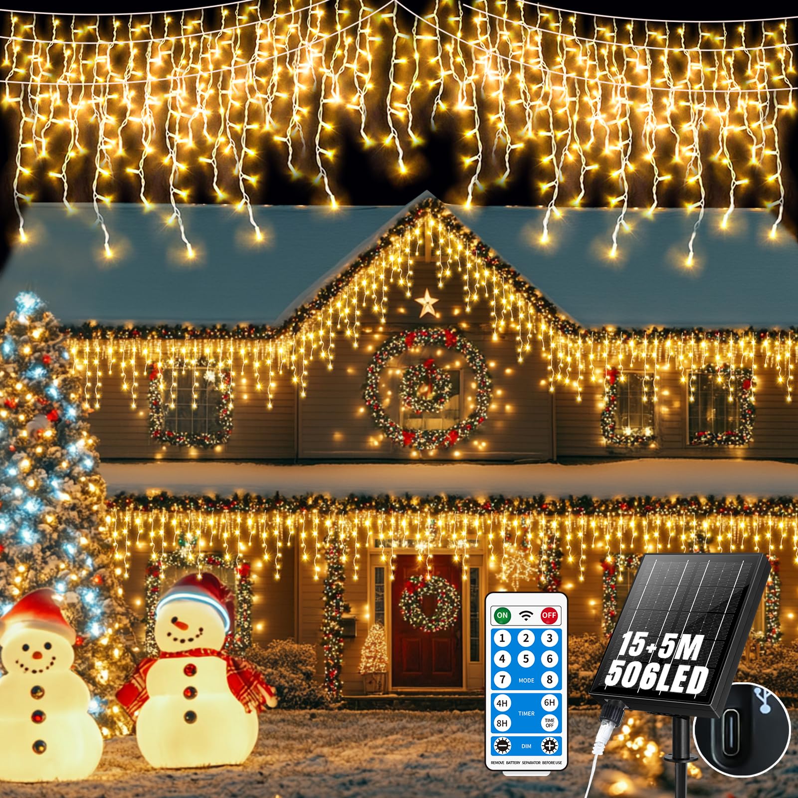 GCMacau Solar Curtain Lights Christmas Outdoor [15 m + 5 m], 506 LEDs, 8 Modes, Expandable, USB Power, IP65 Waterproof with Remote Control and Timer [Warm White]