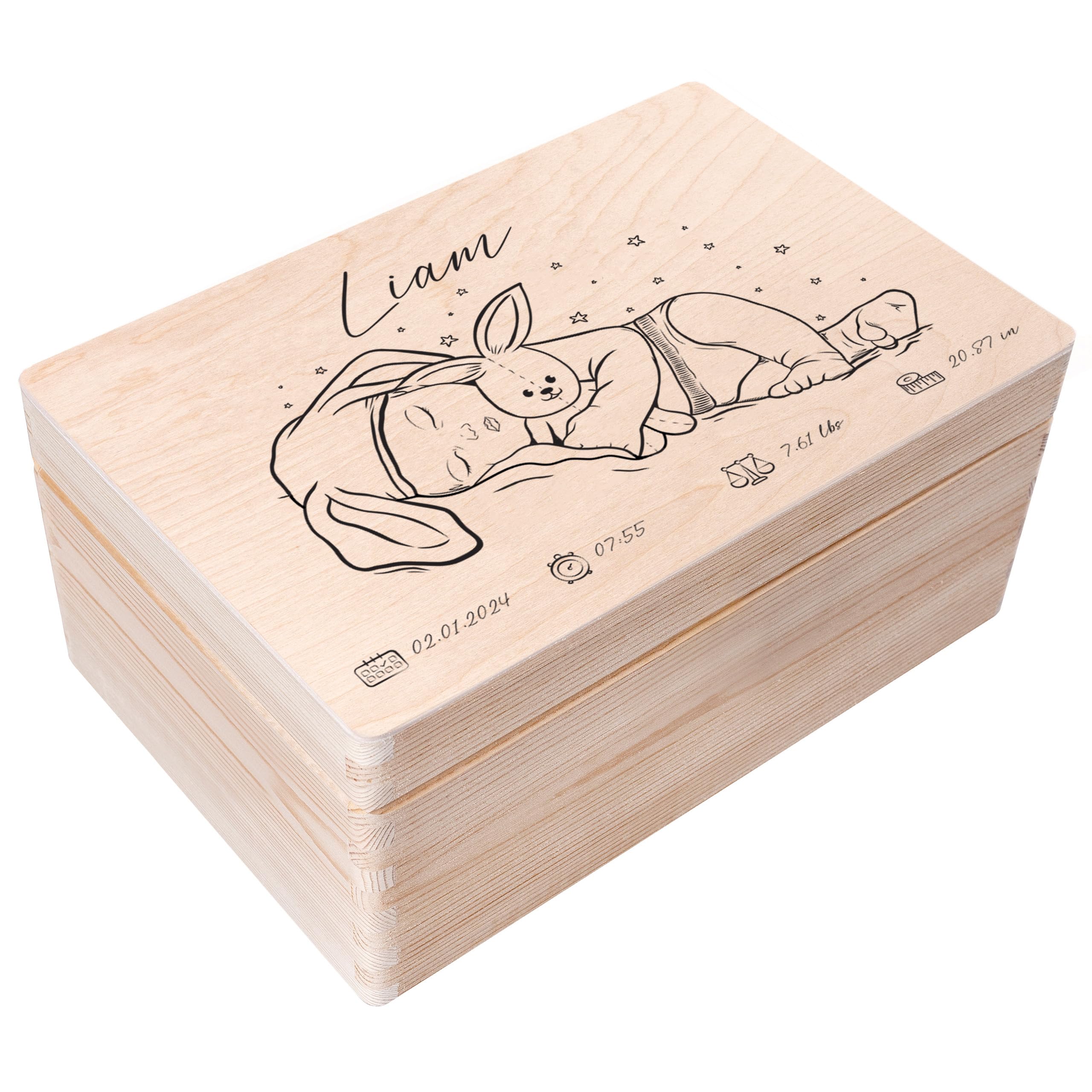 Creative Deco Erinnerungsbox Baby Personalisiert mit Namen | 30 x 20 x 14 cm | Individuelle Erinnerungskiste Geschenk zur Geburt für Mädchen und Jungen | Holzkiste mit Deckel | Farbdruck