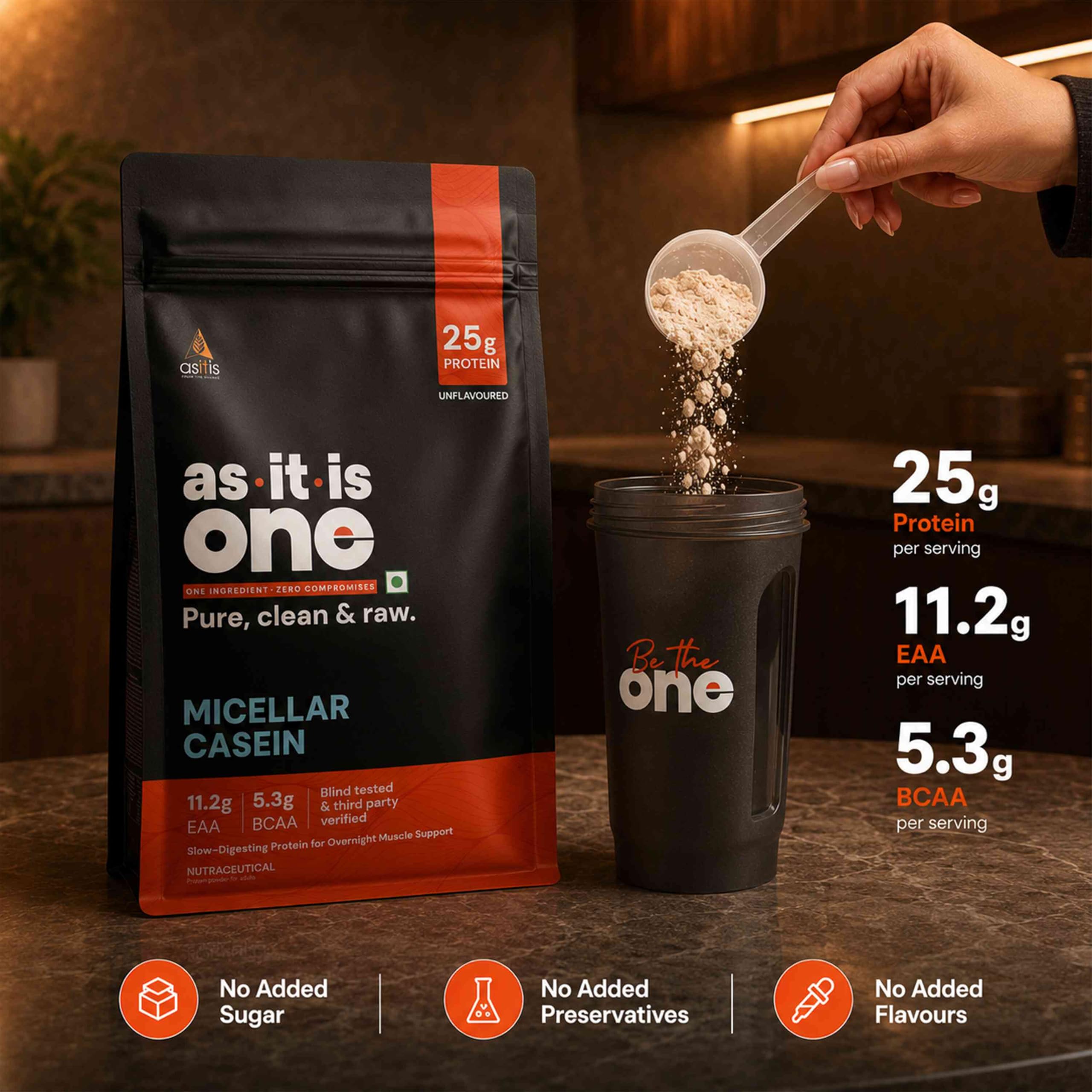 AS-IT-IS One Micellar Casein - Slow Releasing Protein, Unflavoured & Unsweetened 500gms, Supports Muscle Repair & Growth, Ideal for Nighttime Recovery — Amazon image 5