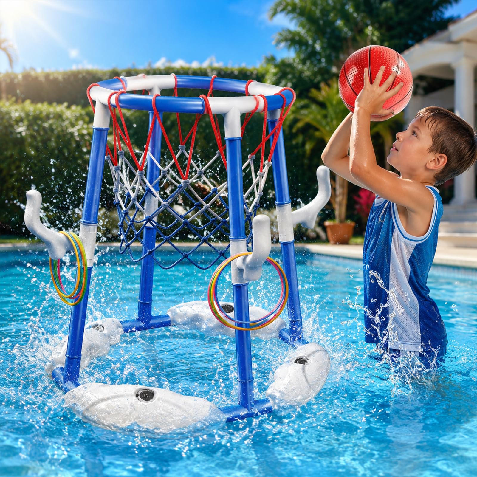 Pool Basketballkorb, 2-in-1 Pool Basketballkorb mit Ringwurfspiel für Kinder und Erwachsene mit 2 Bällen, 12 Ringen und Pumpe, Schwimmender Pool-Basketballkorb für Wasserspielzeug Sommer-Poolparty