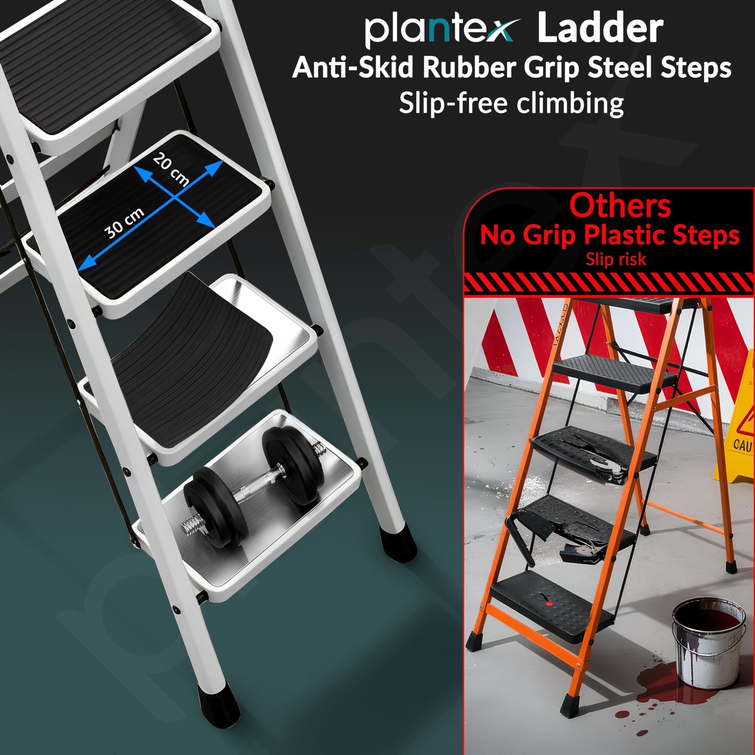 Plantex Ladder for Home 6 Steps/Foldable Ladder with Anti-Skid Wide Steps (30L x 20W cm)/Strong D-Shape Pipe with X-Support for More Stability/5 Year Warranty(Apex-White) — Amazon image 5