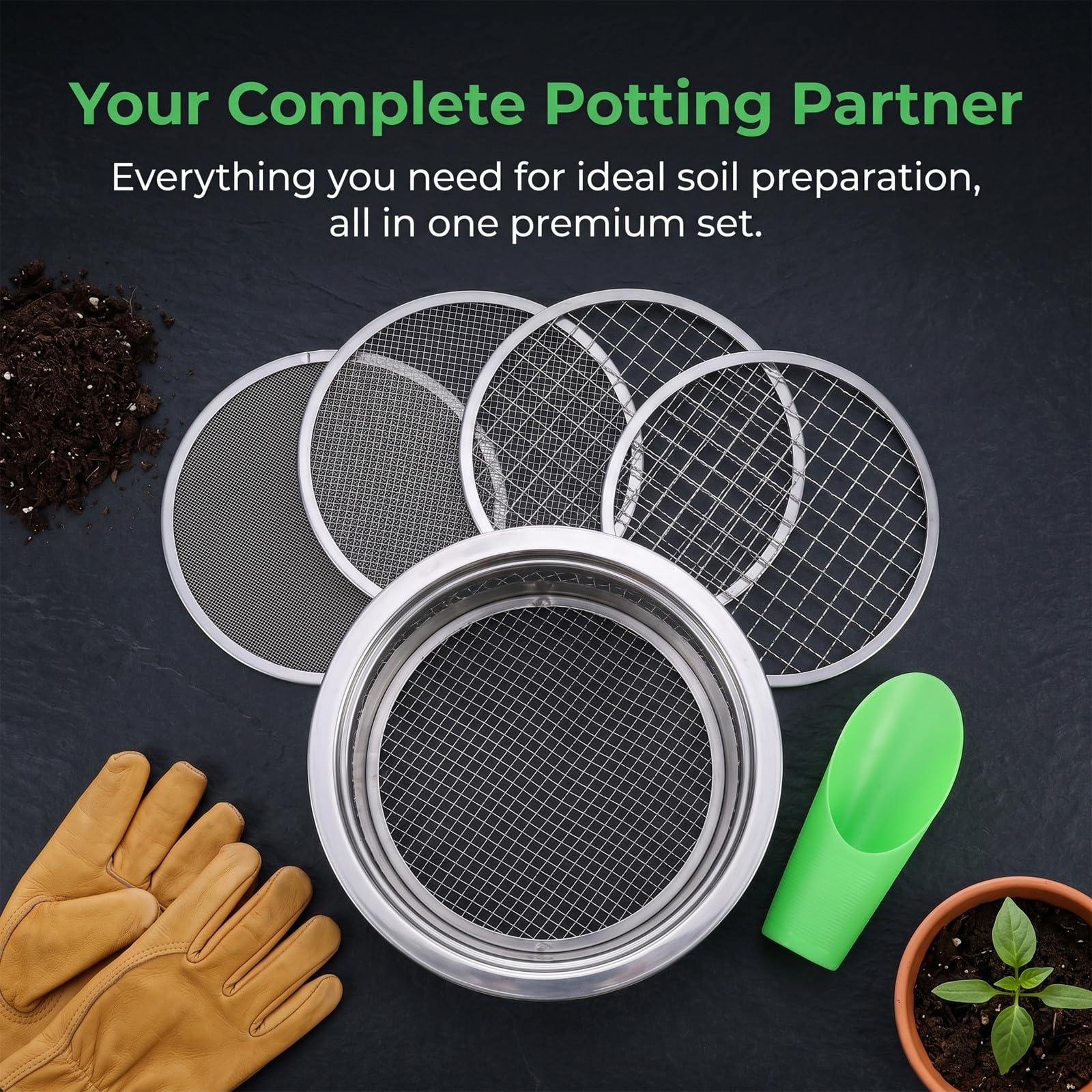Lurrose 1 Set Setaccio da giardino per terriccio con rete di ricambio e paletta in plastica (fori da 1, 3, 6, 9, 12 mm) - Setaccio rotondo in acciaio inossidabile per roccia, compost, terra, spiaggia