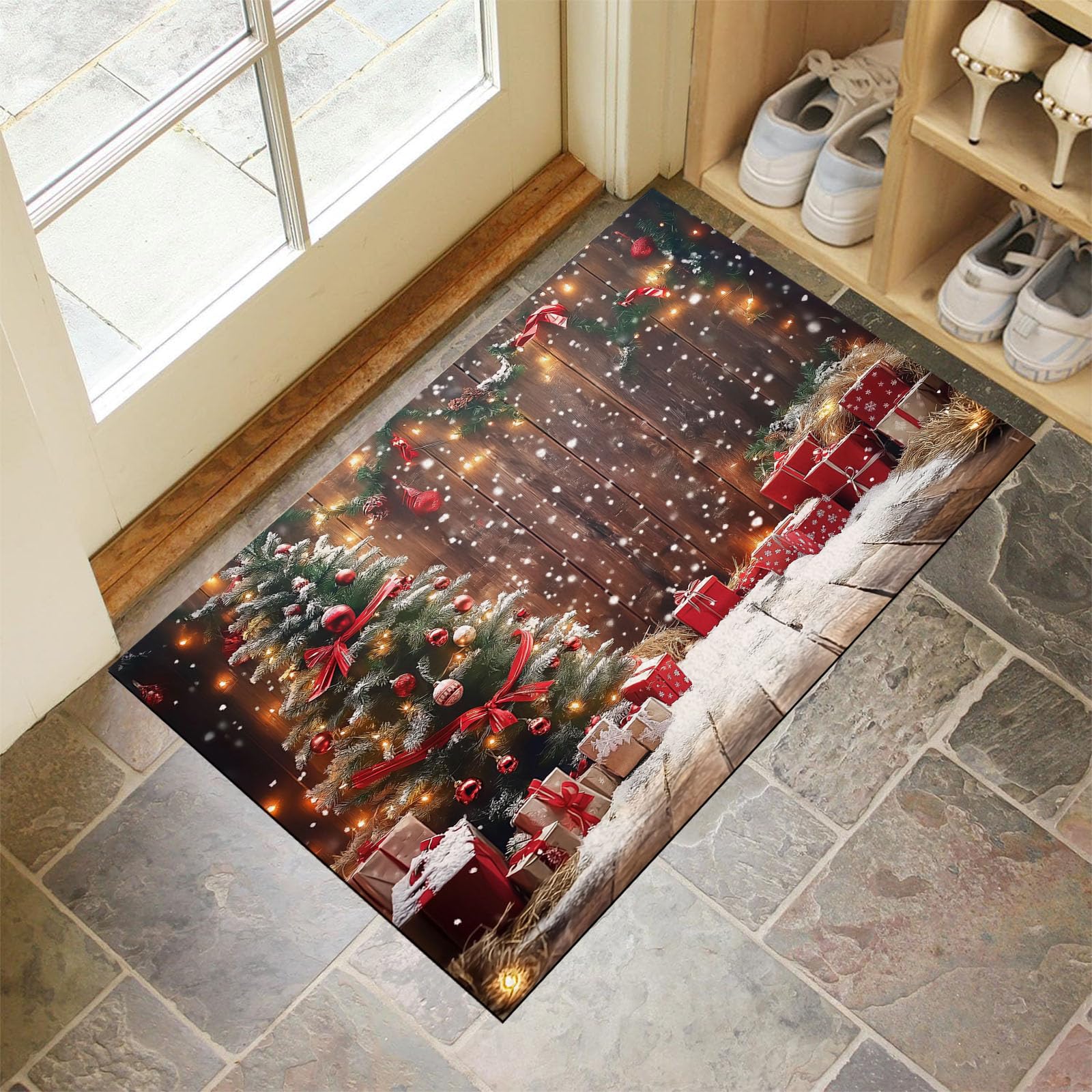 Paillasson de Noël 90x150cm antidérapant grand tapis de sol pour entrée rustique