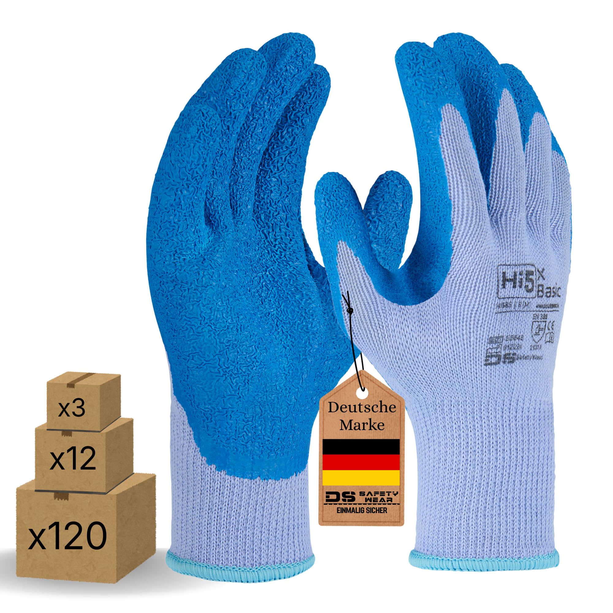 Hi5 X-Basic Arbeitshandschuhe – 10G Polyester – Latex Crinkle Grip – EN 388:2131X – ergonomisch & robust – blau (L, 120, stück)