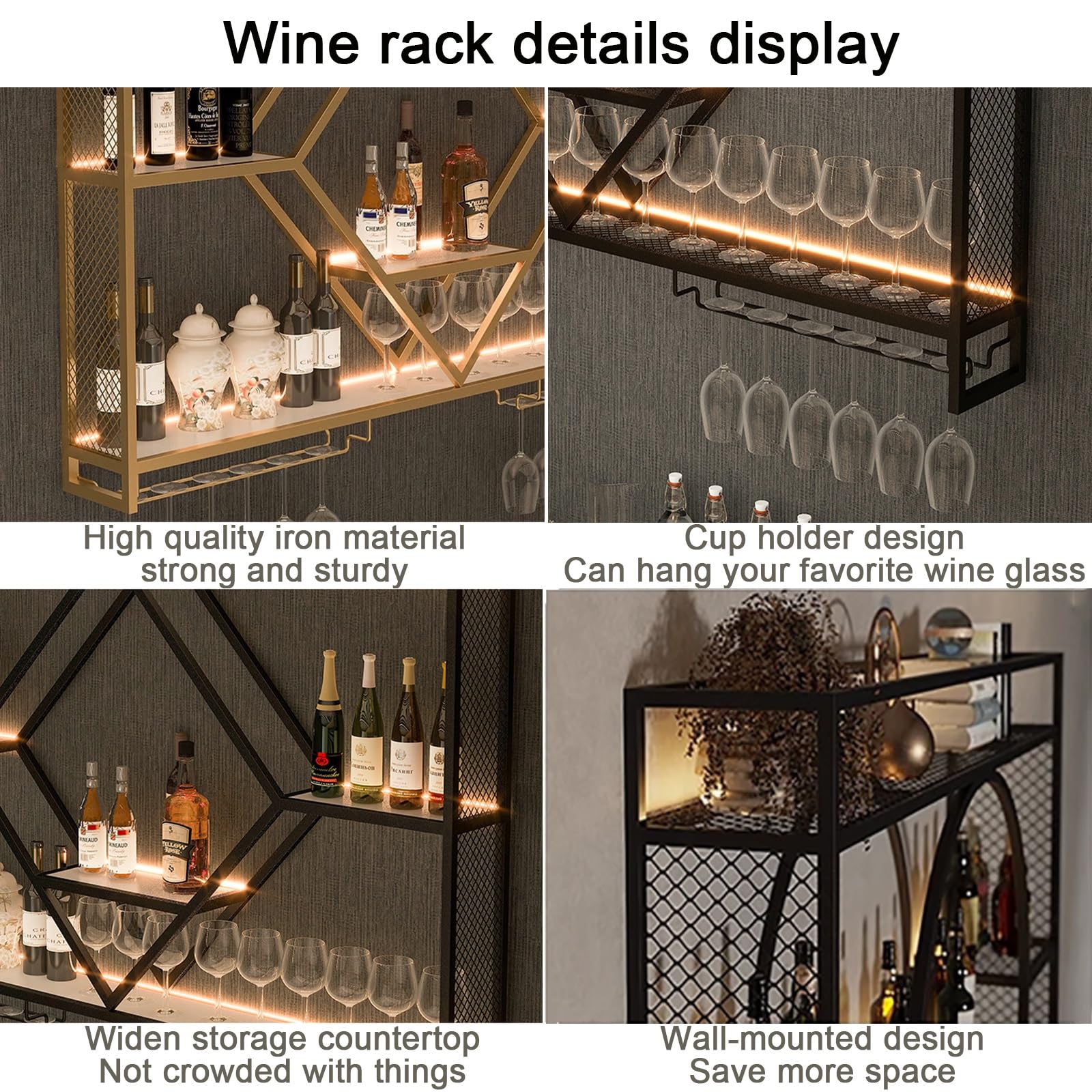 Portabottiglie Da Parete 99 Cm Con Luci LED E 3 Ripiani - Supporto In Metallo Per Vino E Calici