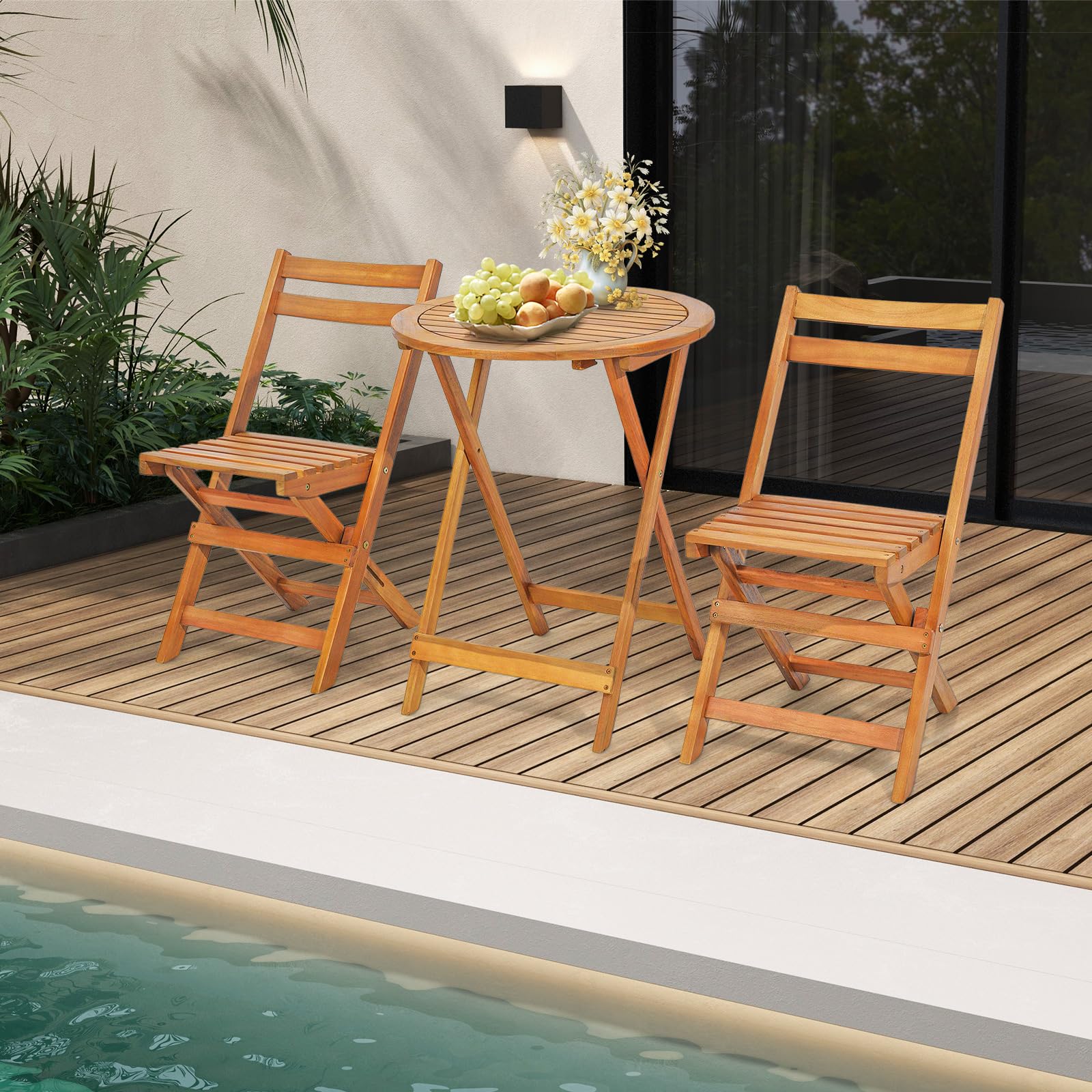 Giantex Table de Jardin Exterieur avec Chaise, 1 Table Ronde et 2 Chaises Bois d'Acacia avec Dossiers, Ensemble Meuble Extérieur, Salon de Jardin 2 Personnes, Table et Chasie Pliantes pour Balcon