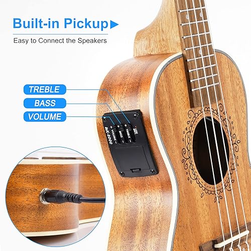 Miniatura 3 de Ukelele de concierto, ukelele acústico de caoba de 23 pulgadas, juego eléctrico profesional con kit de ecualizador para principiantes (bolsa de