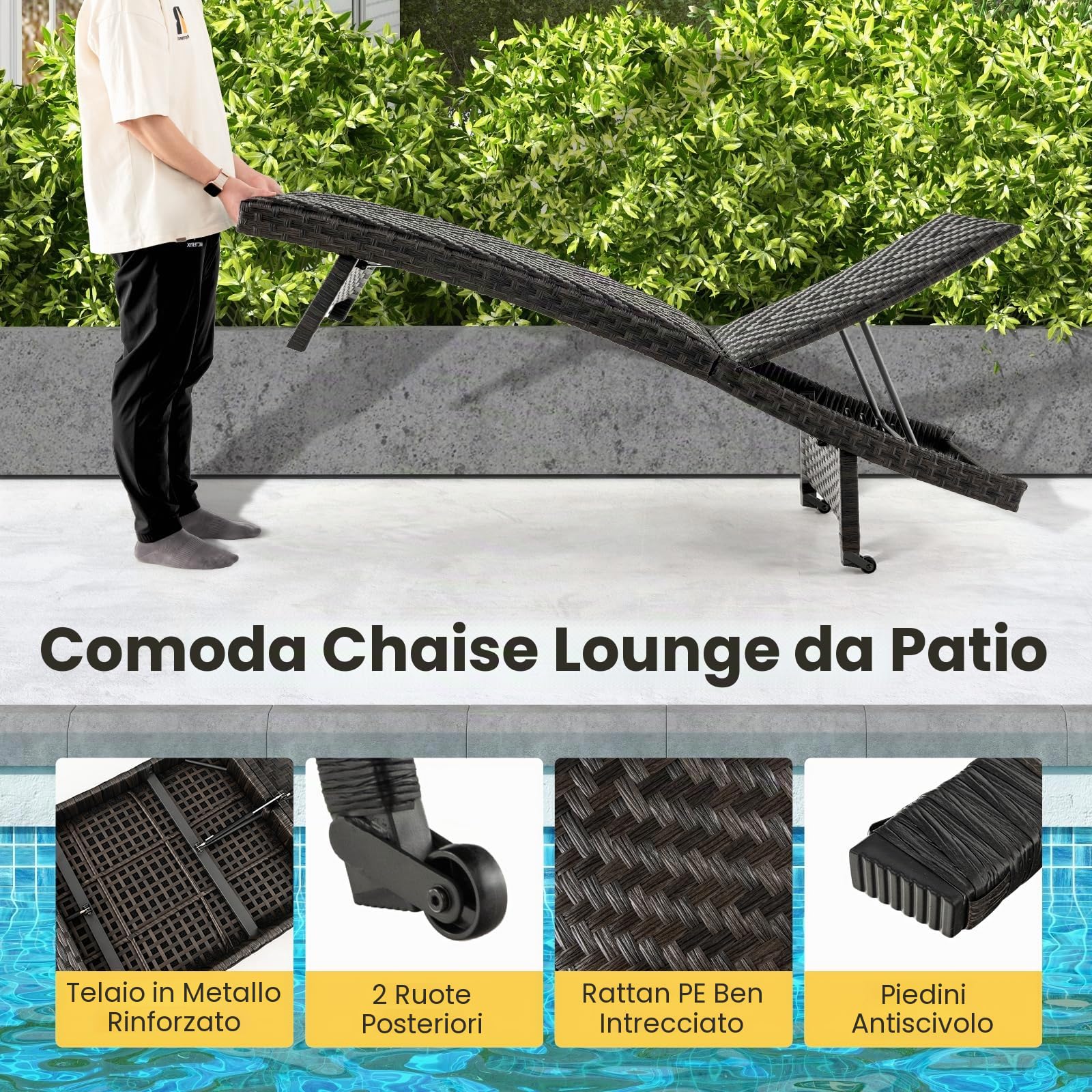 GIANTEX Lettino Prendisole da Giardino in Rattan con Schienale Regolabile | Sedia a Sdraio Imbottita con 5 Posizioni, Ruote Posteriori e Telaio in Metallo