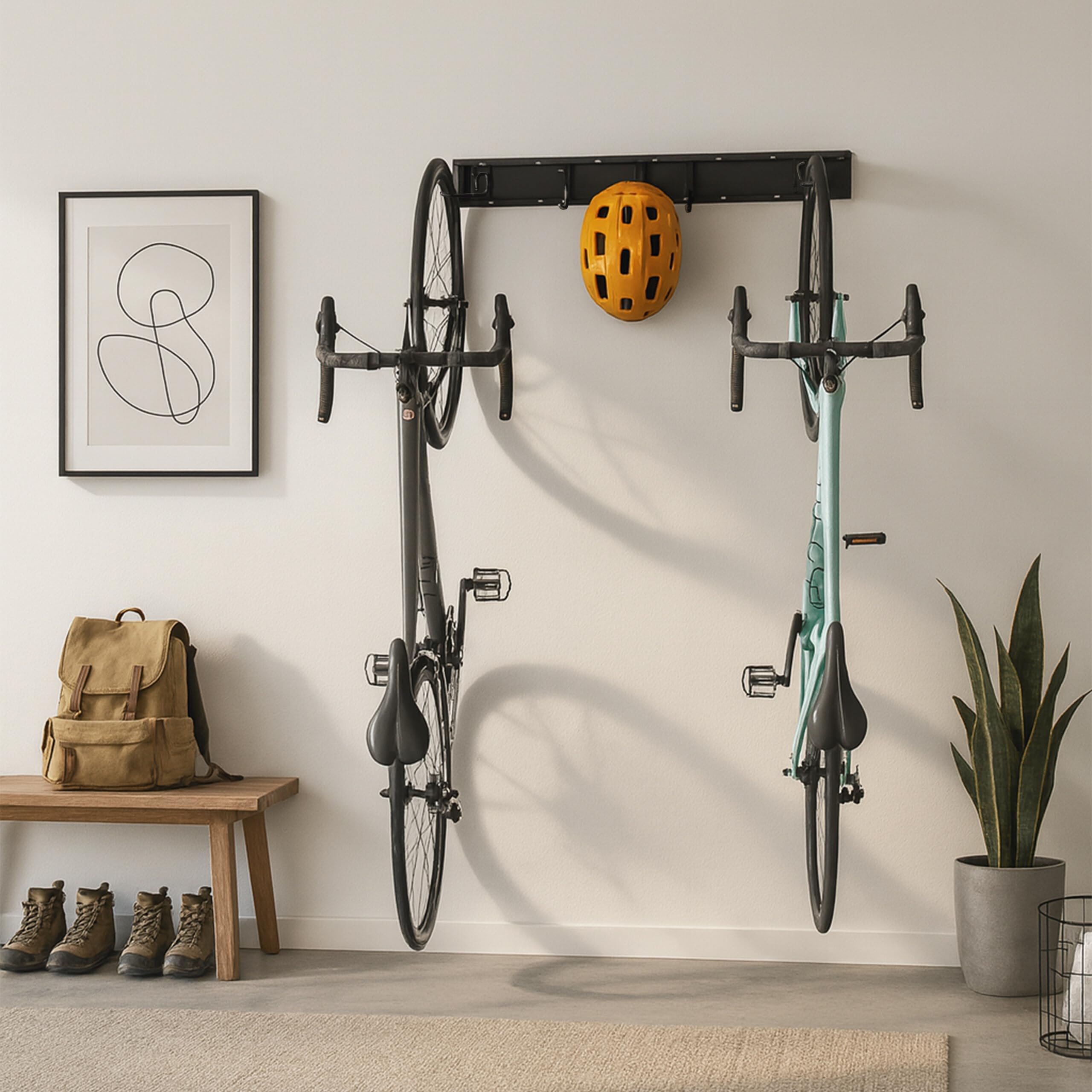 Relaxdays Support mural pour vélos, 4 vélos et casques, vertical, rails avec crochets ajustables, noir