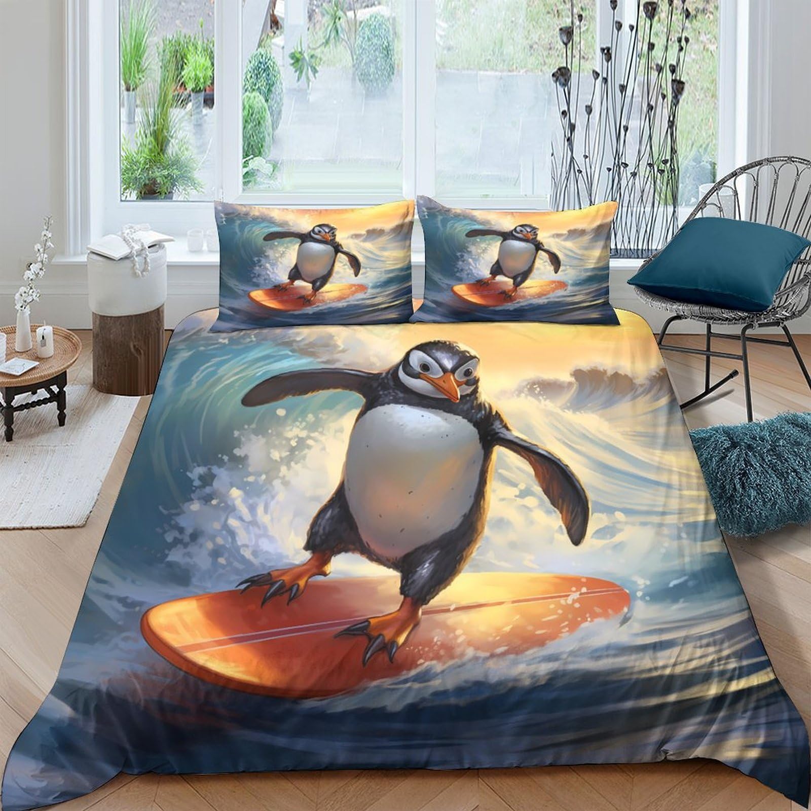 Ctjqhvkz Style-3 3D Printed Surfing Penguin Fitted Sheet Microfiber Soft Breathable Ocean Wave Bed Cover For Bedroom Dorm Mattress Decor Single（135X200cm）