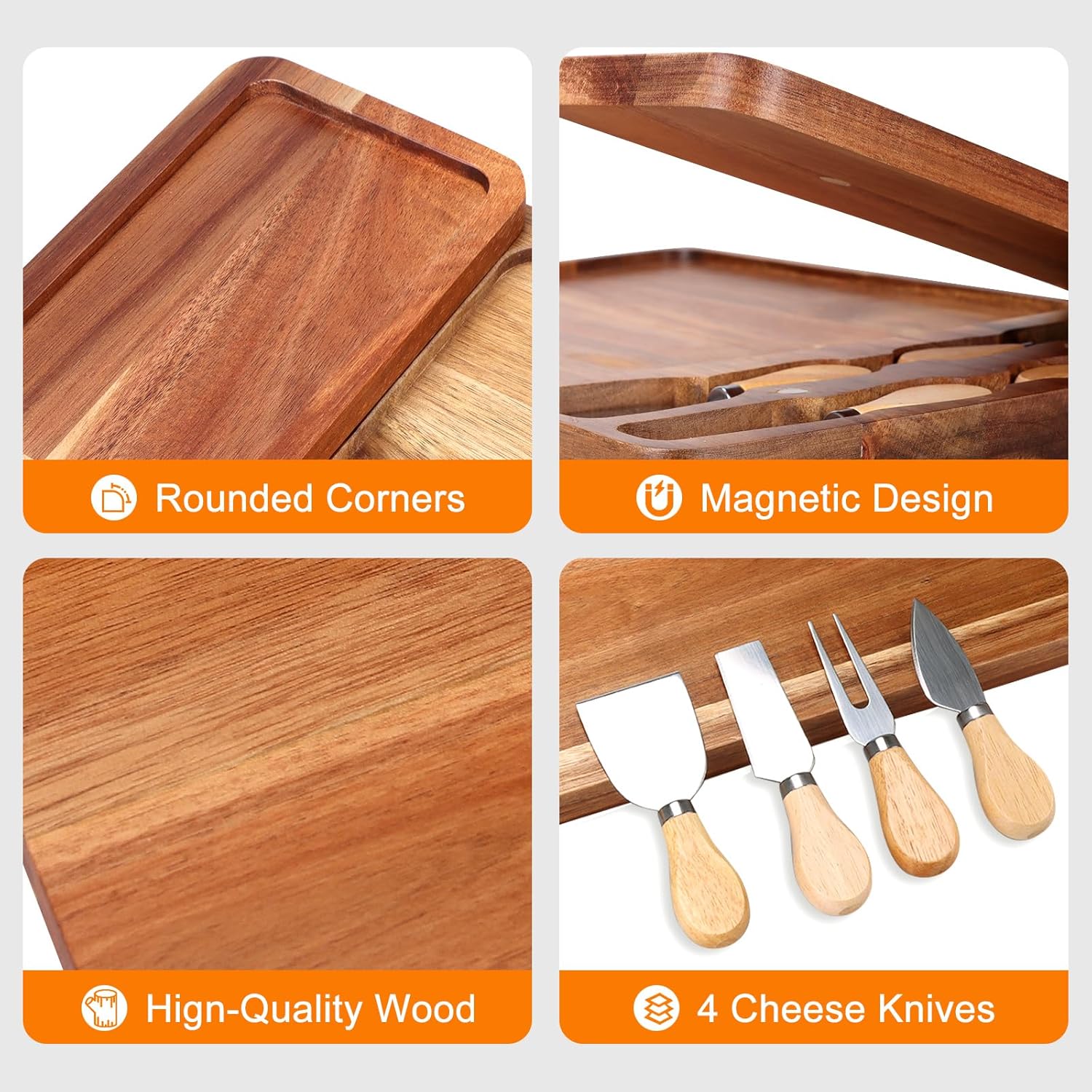 9 PCS Acacia Wood Cheese Board and Knife Set Large Charcuterie Platter Meat Cheese and Cracker Tray Vegetarian Fruit Snack Boards Food Serving Tray Grazing Board Magnetic Charcuterie Boards Gift Set