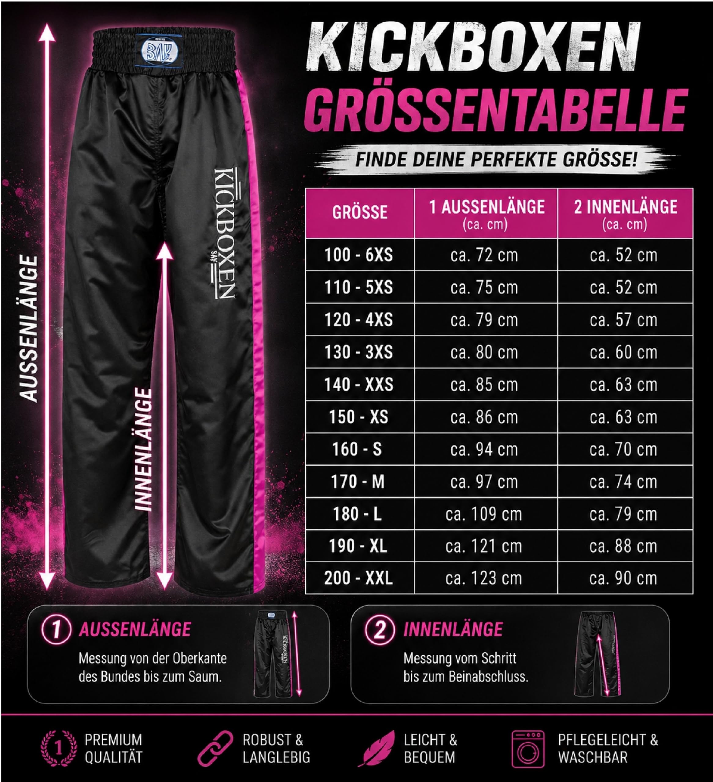 BAY Edel Stick Kickboxhose Kampfsporthose Schwarz lang Streifen in Pink seitlich Polyester gestickter Schriftzug Erwachsene Damen Herren Kinder Jungen Mädchen Größen 4XS - L