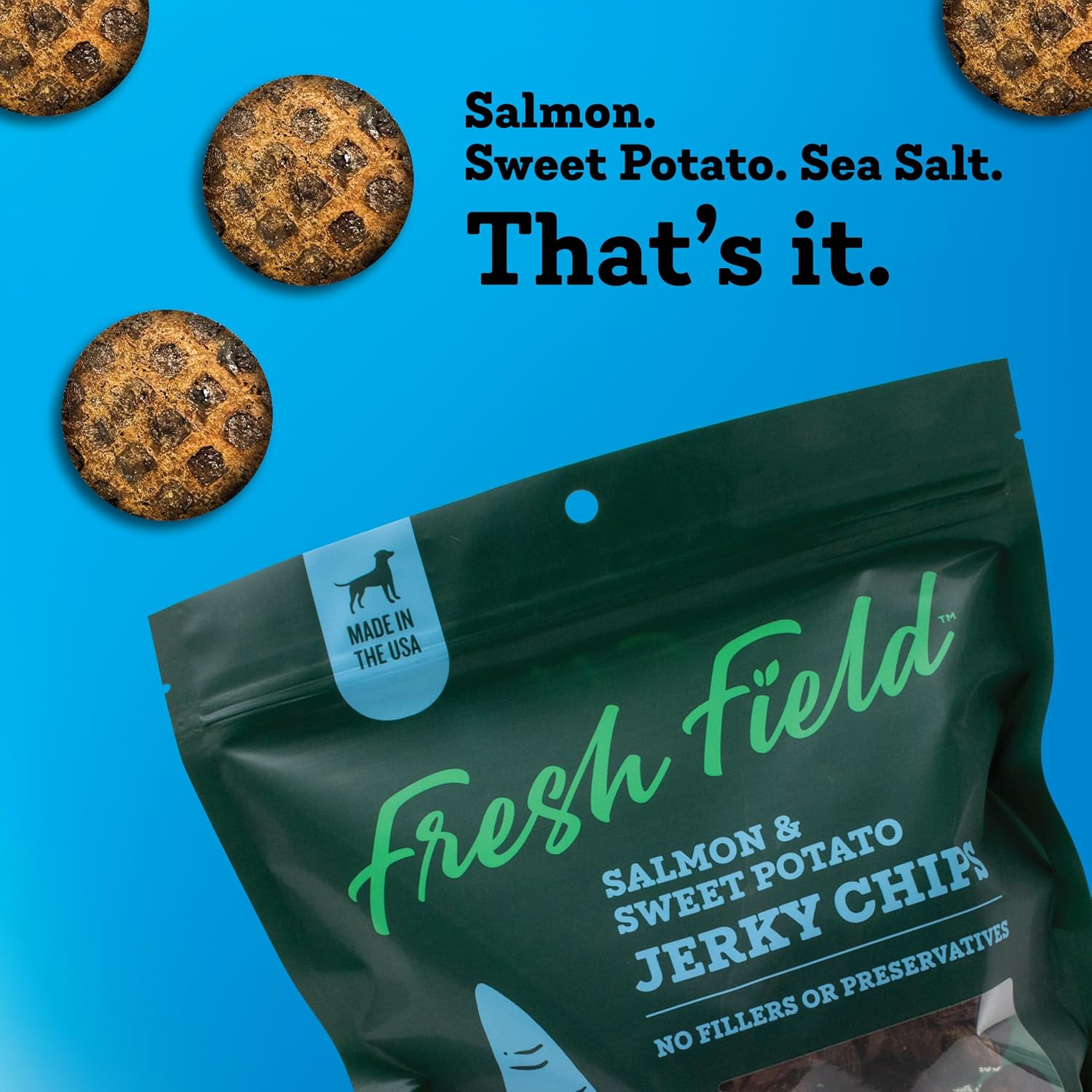 Fresh Field Salmon & Sweet Potato Jerky Chips, 14 oz – All-Natural Dog Treats, USA Made, Omega-3 Rich, Supports Health (Pack of 2)