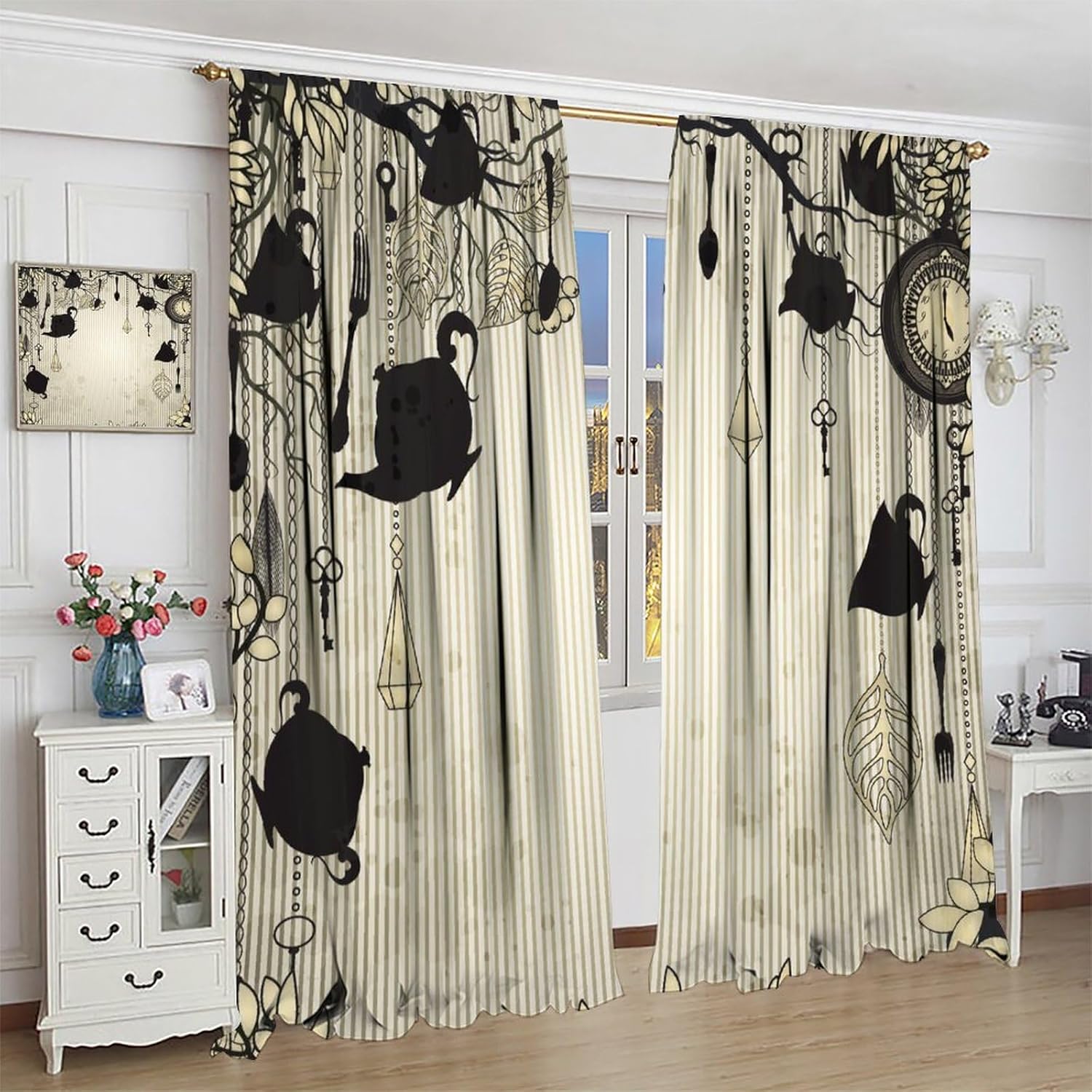 JESTRONRY Clocks Kitchen Curtains, Abstract Vintage Tea Party Theme Blackout Rod Pocket Window Drapes for Living Room Bedroom Kitchen Home Decor W42xL45in