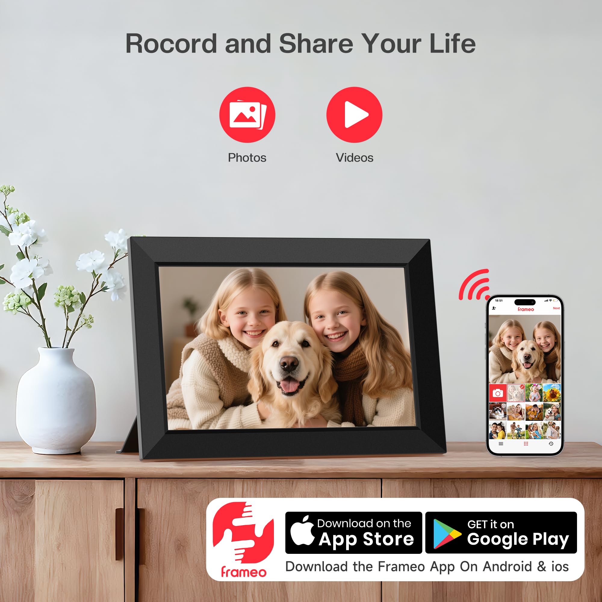 Condition photo showing New/Like New for frameo 10.1 inch wifi digital picture frame, smart cloud electronic photo frame with hd ips touch screen slideshow 32gb memory auto-rotate wall mount, share photos/videos from phone - gifts for mom