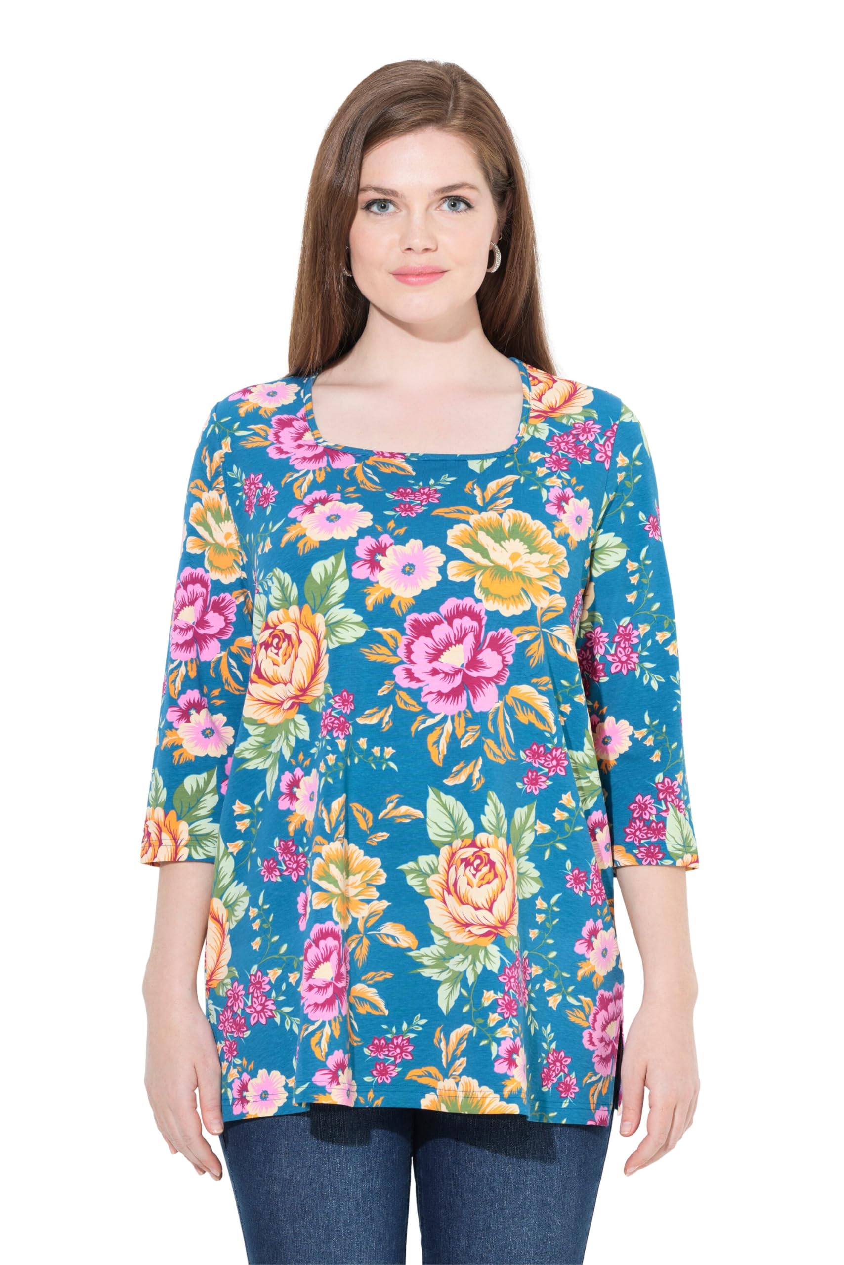 Ulla Popken Damen große Größen Übergrößen Plus Size Shirt, Blüten, Classic, Carré-Ausschnitt, 3/4-Arm 843545