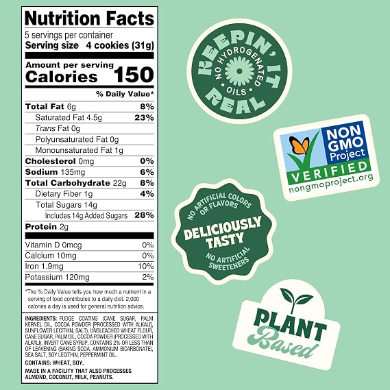 Back to Nature Fudge Mint Cookies, Plant-Based, Non-GMO, Made with Wheat Flour, Snack Happy, 5.5 oz Box