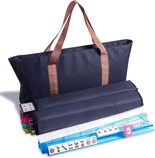GUSTARIA American Mahjong Game Set, 166 Premium White Tiles, 4 All-in-One Color Rack/Pushers, Complete Mahjongg Set Blue Carrying Bag