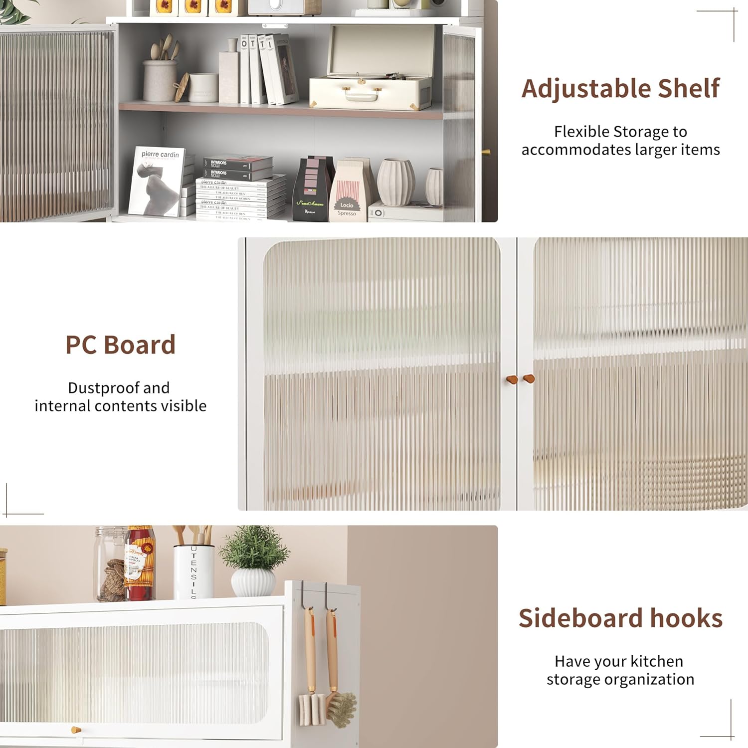 66" Pantry Cabinet with Adjustable Shelf on Wheels, Tall Kitchen Pantry Storage Cabinet with Microwave Stand, Metal Hutch Cabinet with Pegboard for Dining Room, Living Room, White