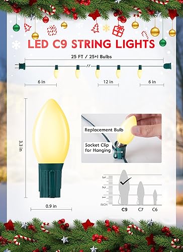 Miniatura 4 de Luces LED vintage C9 de Navidad para exteriores, cadena de luces C9 de 25 pies con 25 bombillas mate inastillables, luces impermeables conectables