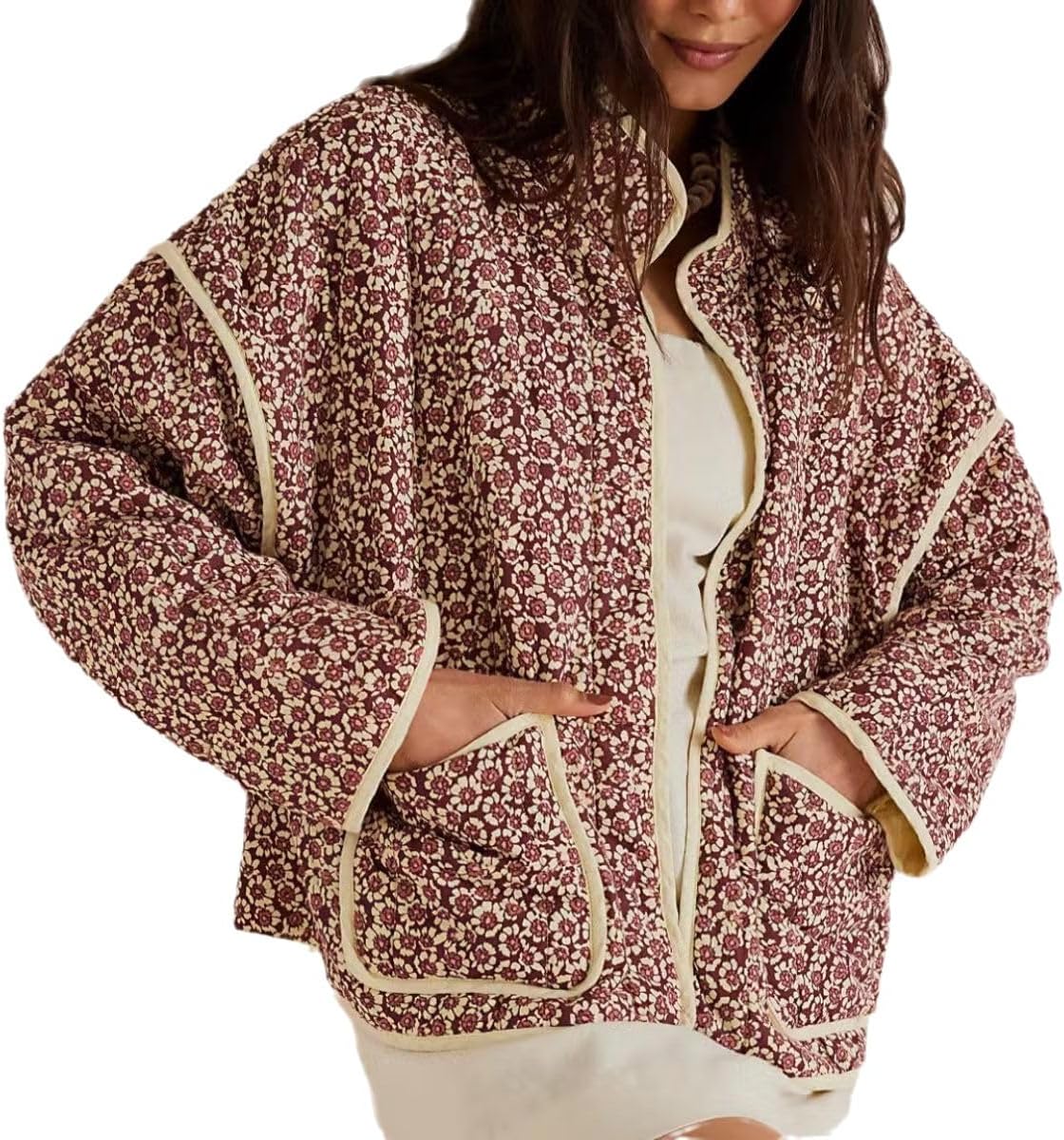 Vintage Floral Puffer Quilted Jacket Women's Coquette Cropped Padded Coat Boho Lightweight Cardigan Y2K Winter Outwear