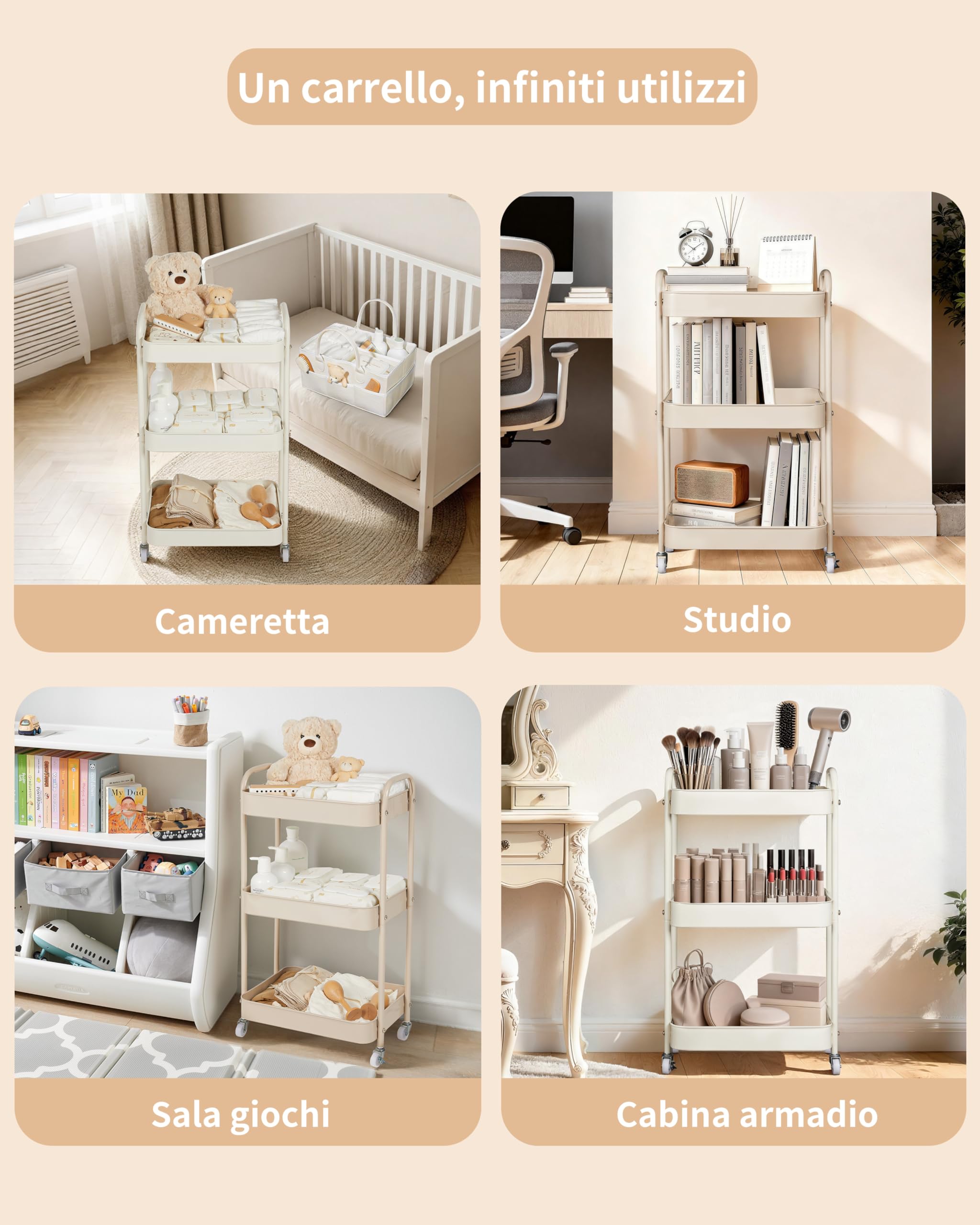 Fortella Carrello con Ruote Portatutto, Organizer Fasciatoio per Neonati Portatile, Ideale per Fasciatoio Neonato Bagno, Regalo Nascita Bimbo, 3 Ripiani Carrello Porta Attrezzi, Cucina (Marrone)