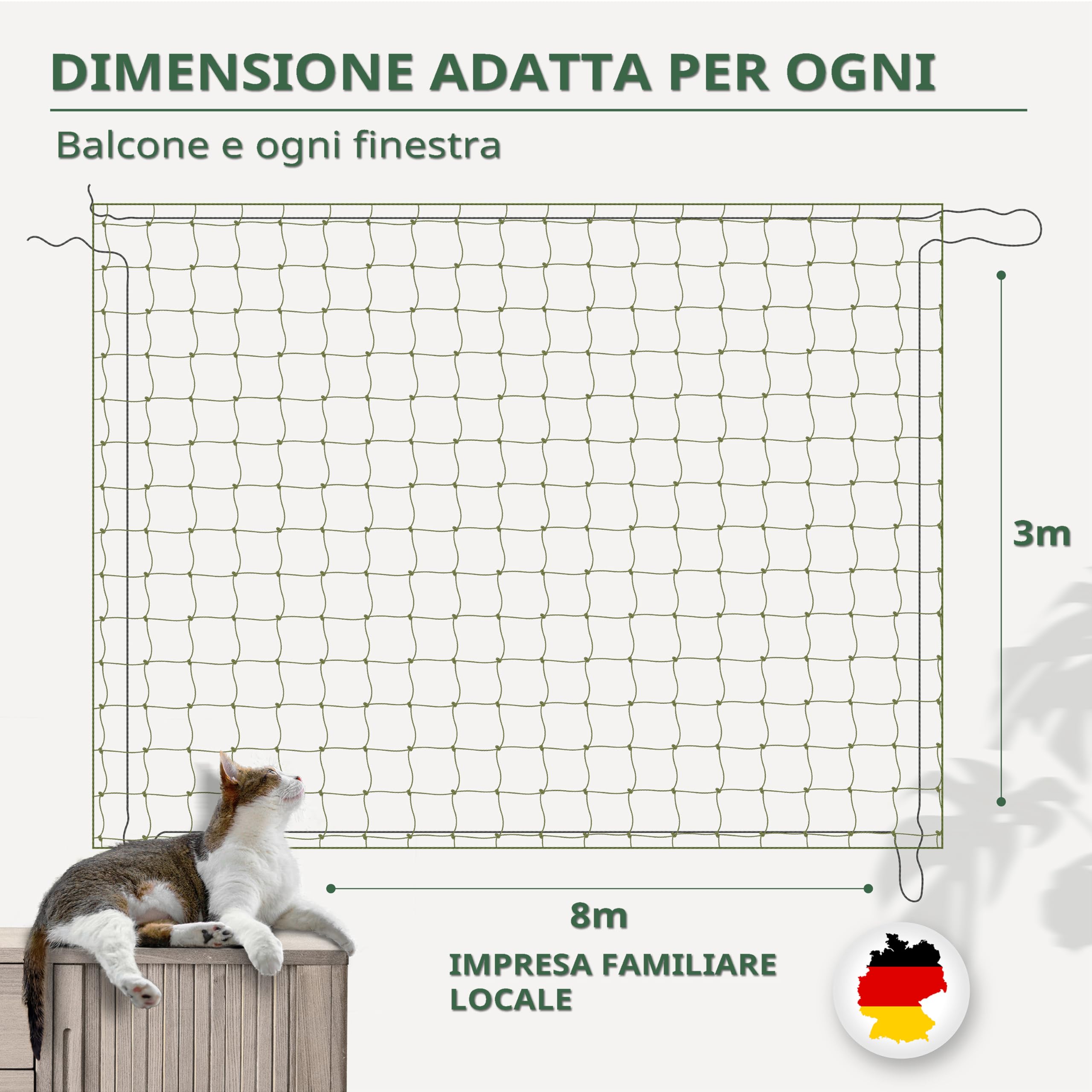 WOOWOOD® Rete per Gatti [Extra Rinforzato con Filo] | Rete per recinzioni | Rete Gatti Balcone | Rete Balcone per Gatti | Rete per Gatti Balcone | Rete Gatti | Rete Protezione Gatti Balcone (8X3m)
