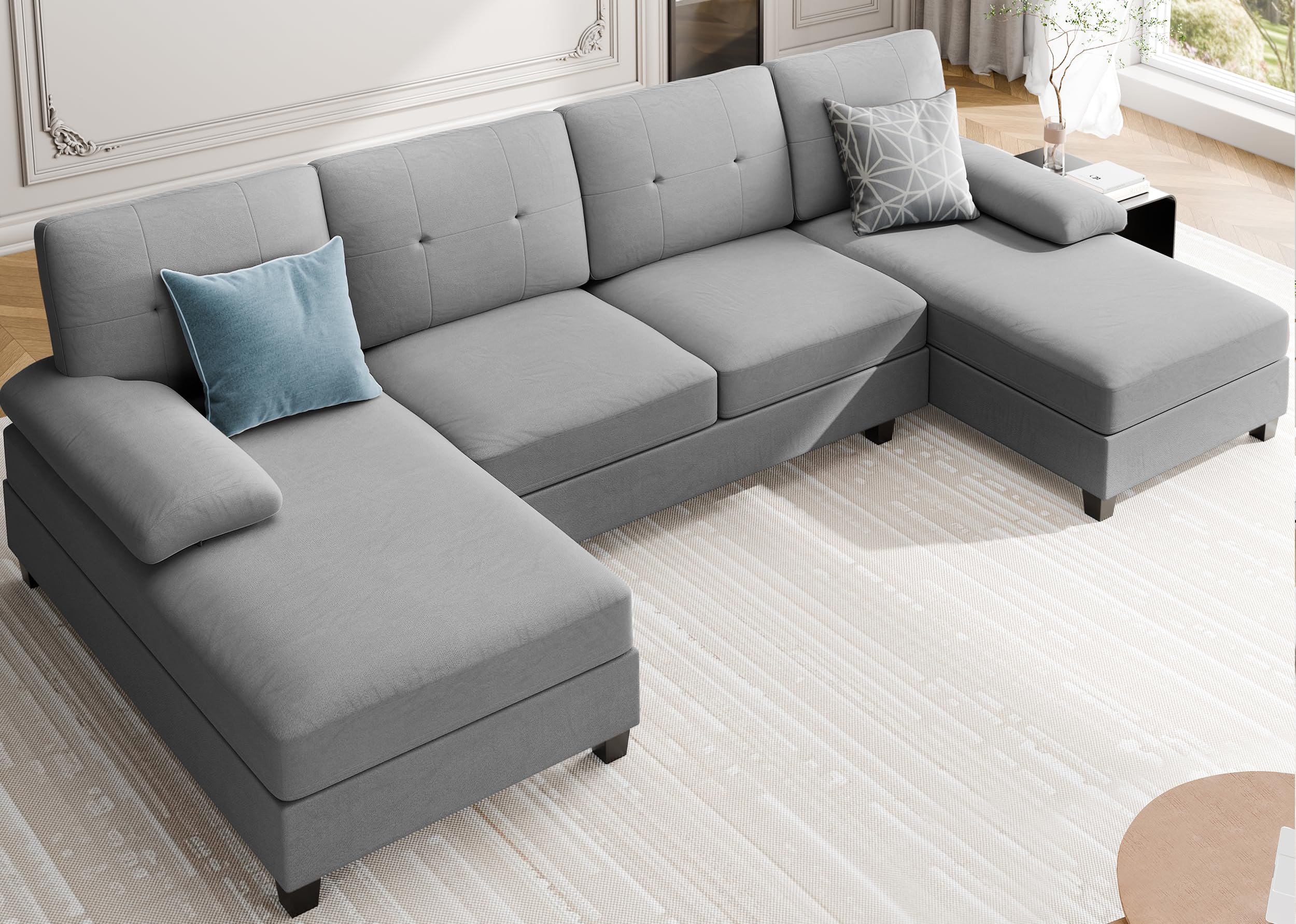 Meilocar Sectional Couches for Living Room, 4 Seat Sofa Set U-Shaped Couch with Wide Double Chaise Lounges, 106in Sofa Couch Fabric Large Couch with Thick Cushions (Light Grey)
