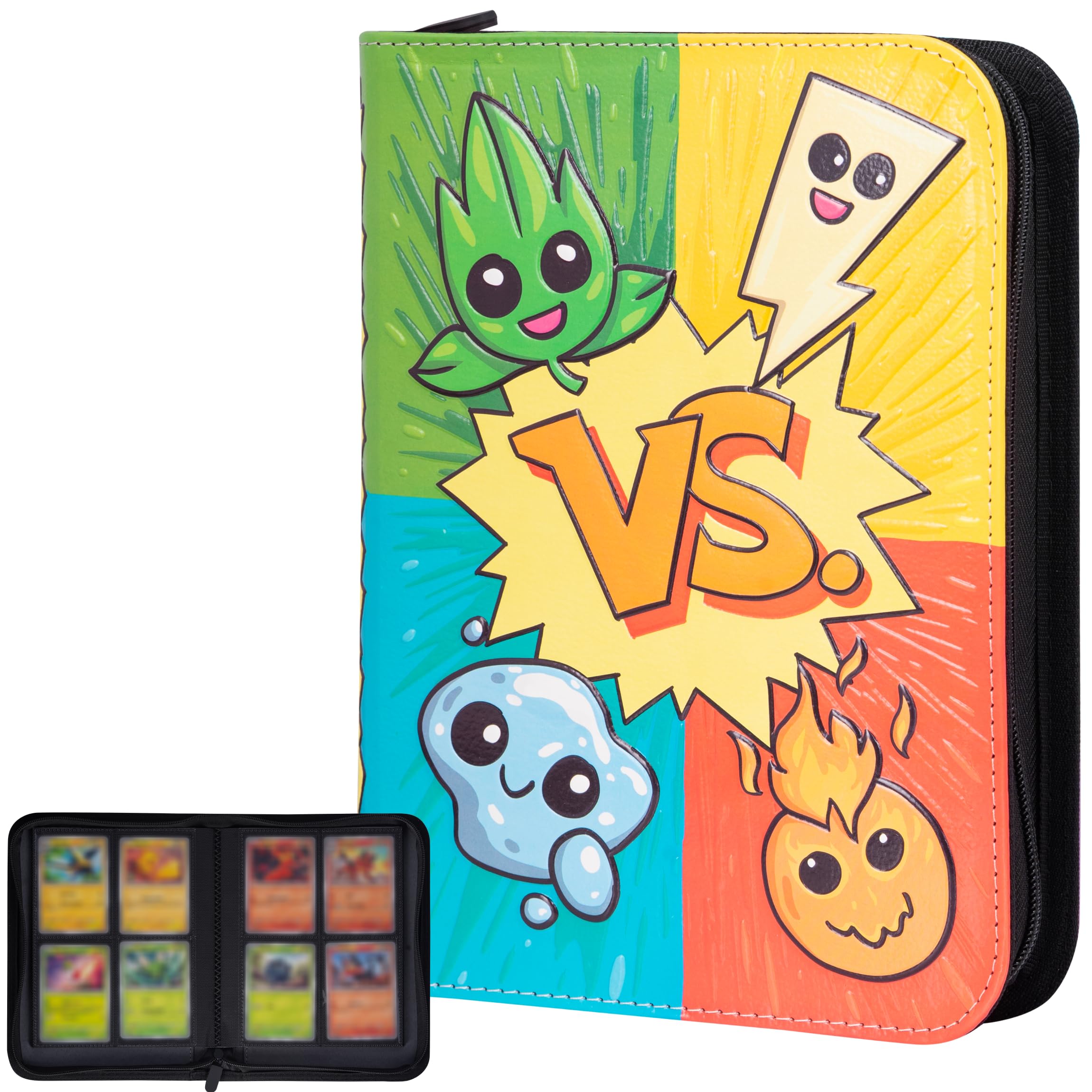 3D Card Binder for Pokemon - Stunning 3D Raised Pk Types Design in PU Leather with Zipper - Includes 4 Pocket Pages for 160 Cards. Great Sleeve Album/TCG Holder/Trading Card Collection Book Gift.