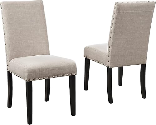 Juego de 2 sillas de comedor para habitación, mesa y asientos de cocina, tapizada de tela con ribete de cabeza de clavo, marco de madera dura