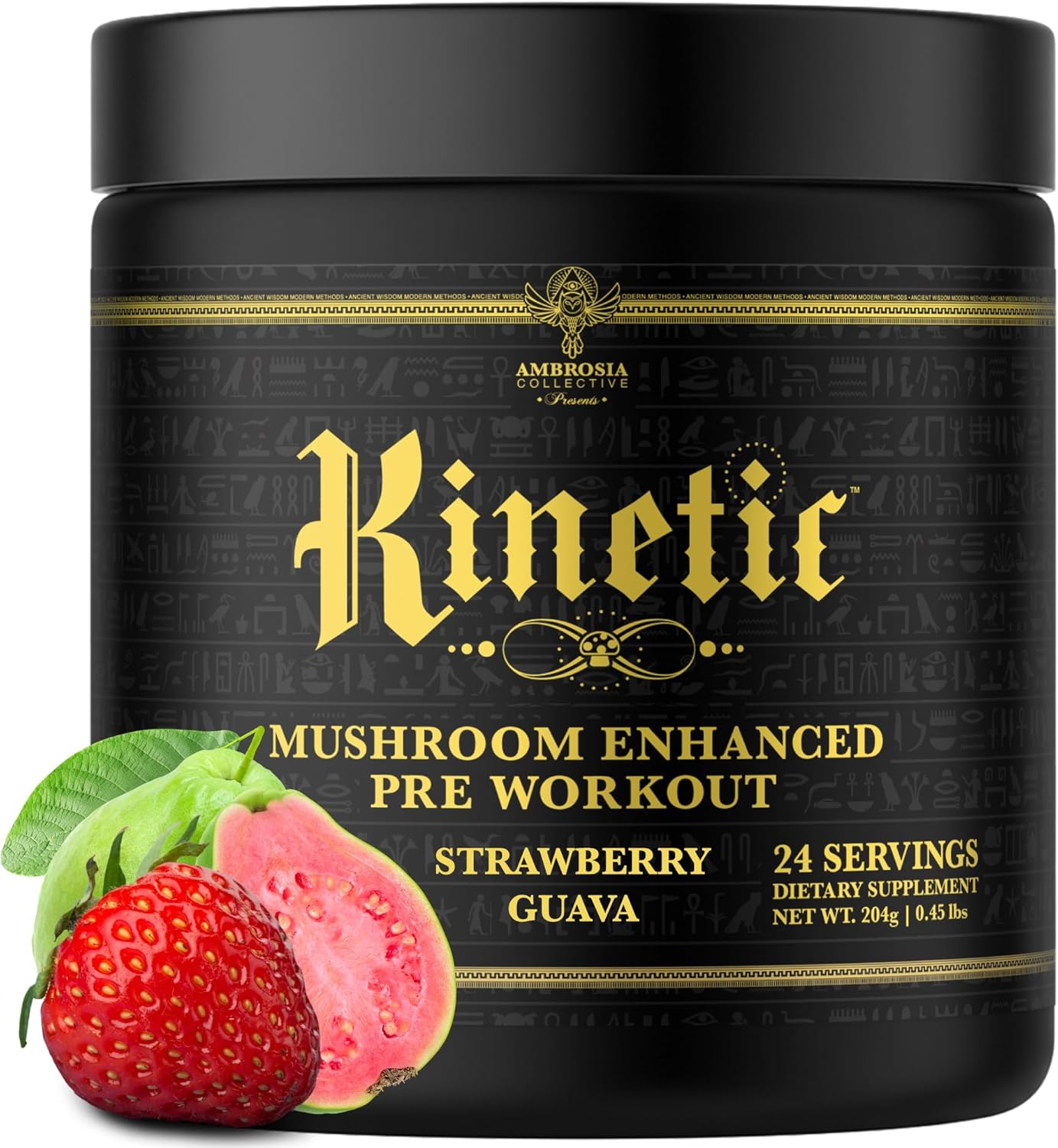 Ambrosia Kinetic - Organic Pre Workout Powder | Mushroom-Enhanced Natural Pre Workout | Nootropic Superfood Powder for Clean Energy, Focus, Recovery | 24 Servings | Strawberry Guava