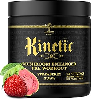 Ambrosia Kinetic - Organic Pre Workout Powder | Mushroom-Enhanced Natural Pre Workout | Nootropic Superfood Powder for Clean Energy, Focus, Recovery | 24 Servings | Strawberry Guava