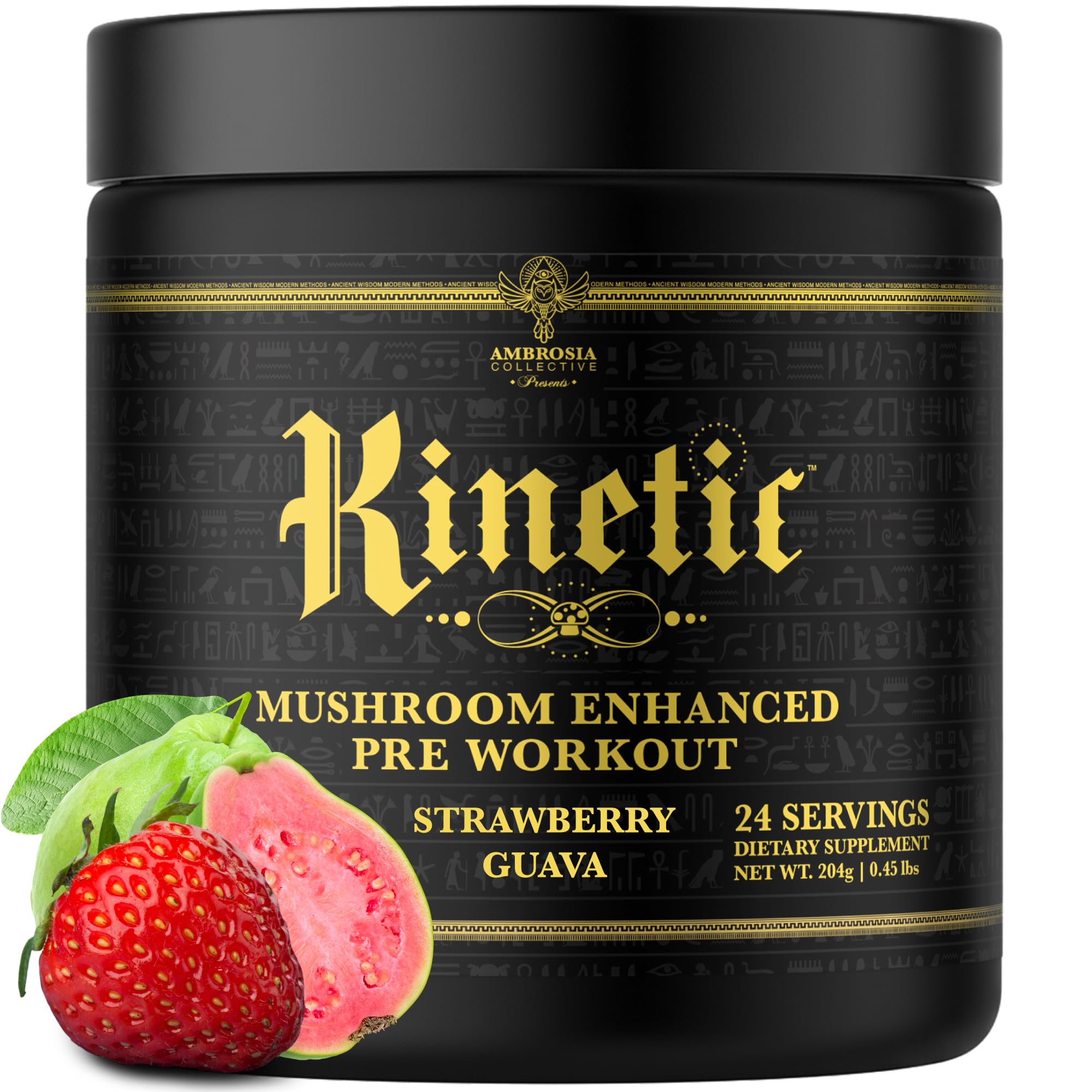 Ambrosia Kinetic - Organic Pre Workout Powder | Mushroom-Enhanced Natural Pre Workout | Nootropic Superfood Powder for Clean Energy, Focus, Recovery | 24 Servings | Strawberry Guava